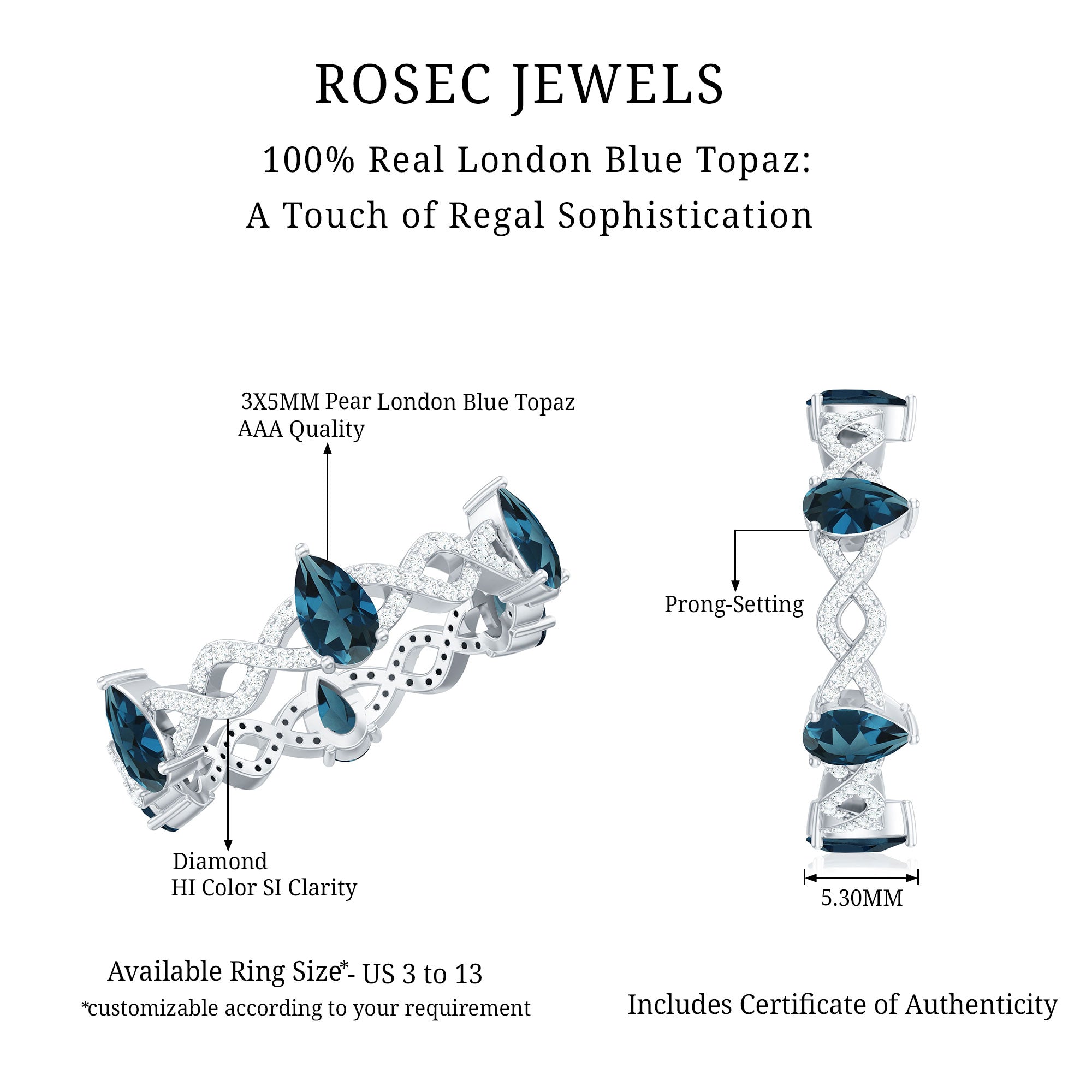 Pear Shape London Blue Topaz Crossover Eternity Band with Diamond AAA - Rosec Jewels