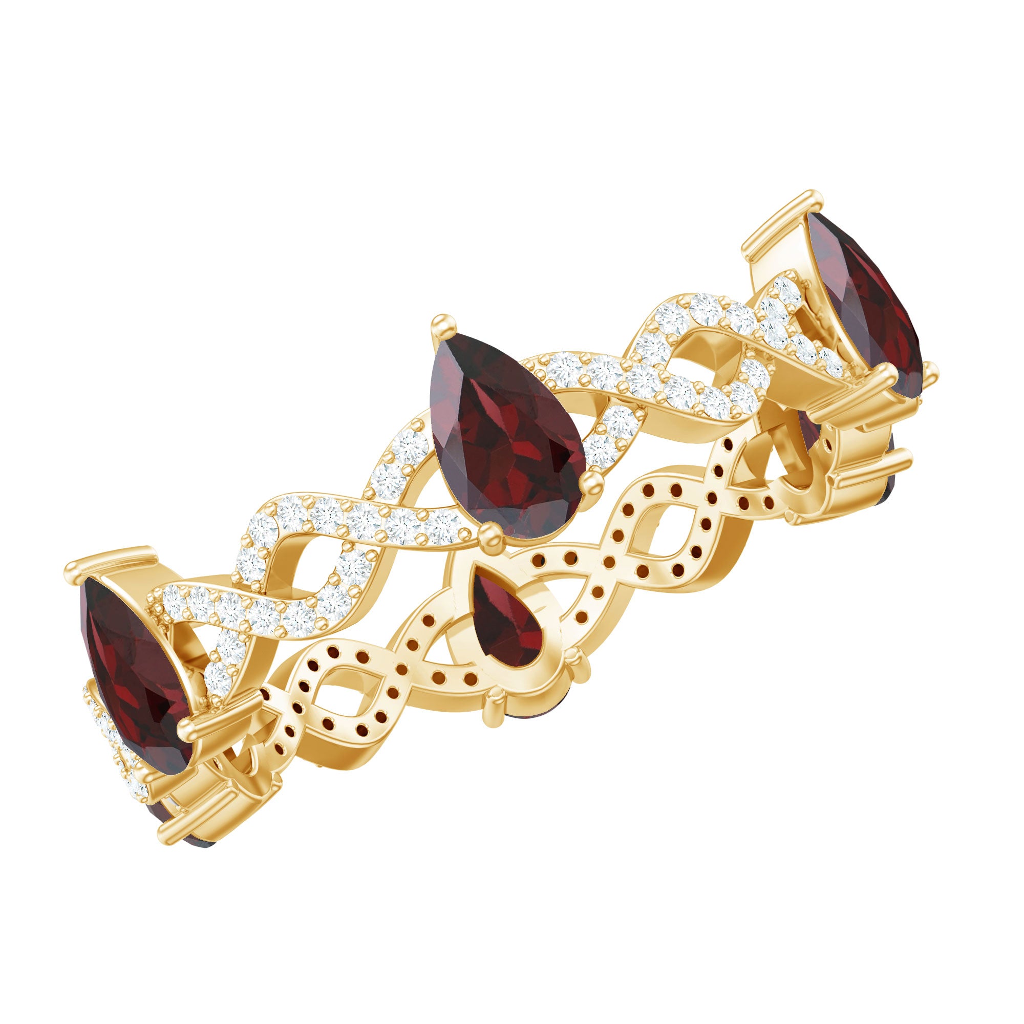 Natural Pear Shape Garnet Diamond Eternity Ring with Crossover Shank AAA - Rosec Jewels