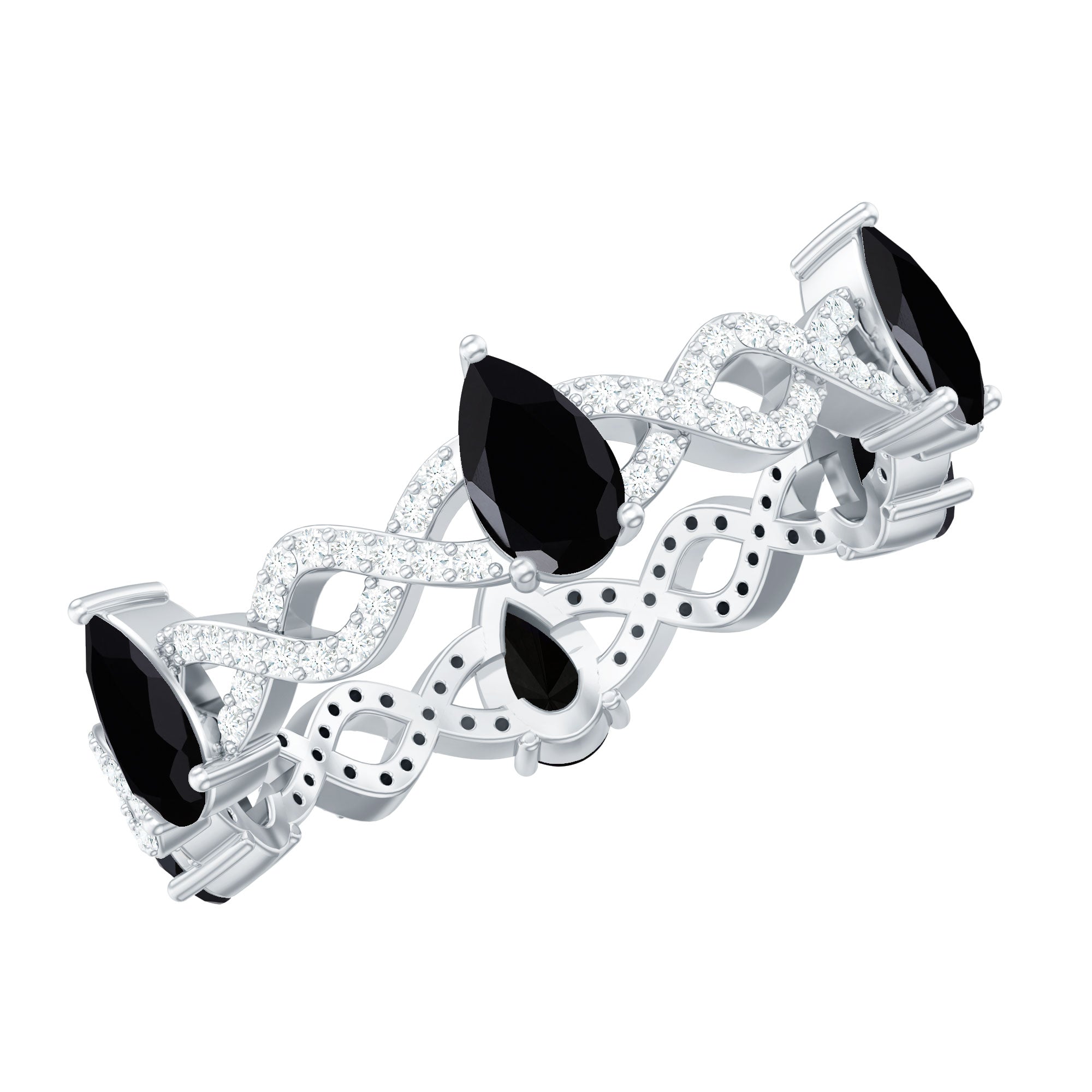 Pear Cut Natural Black Spinel Crossover Eternity Ring with Diamond