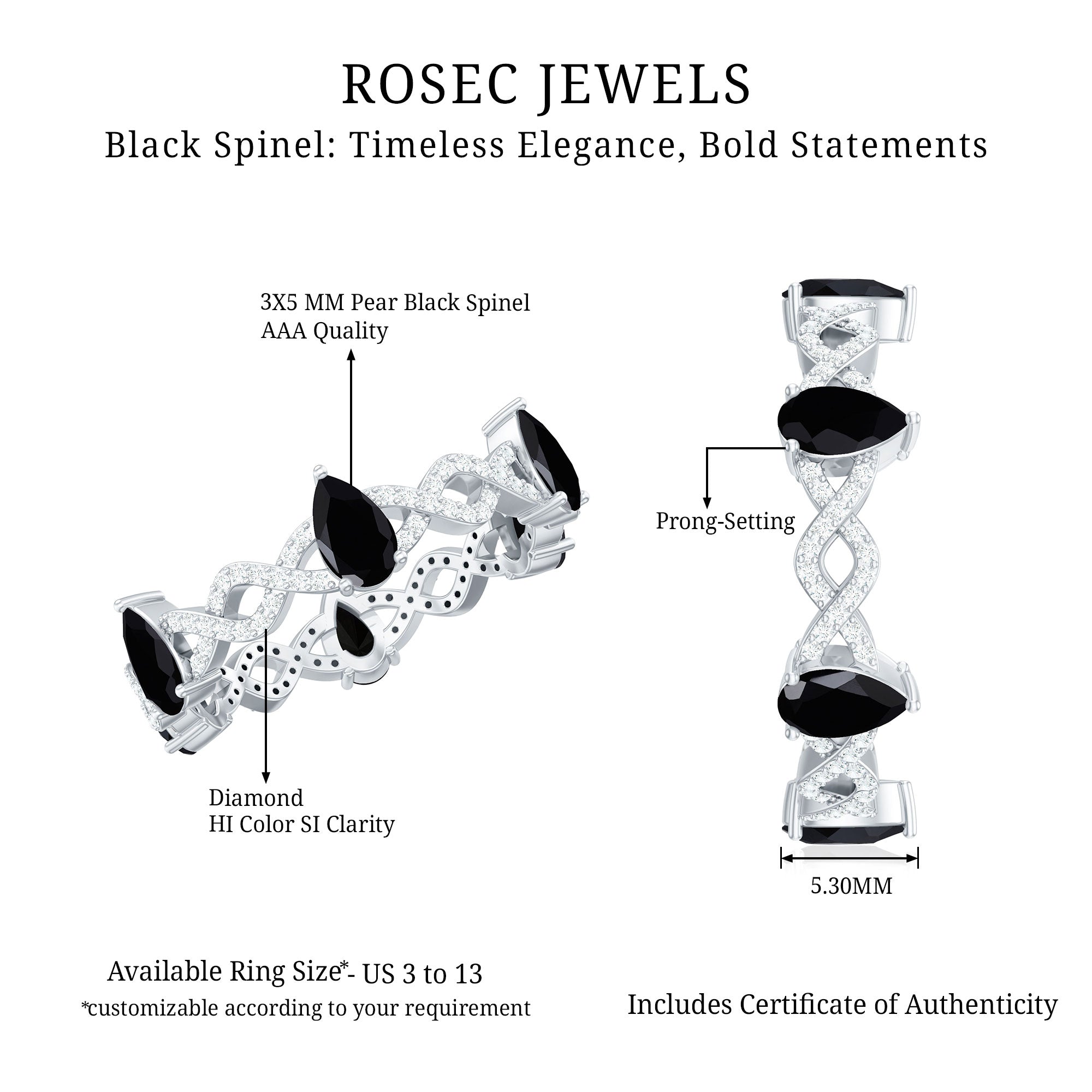 Natural Pear Shape Black Spinel Diamond Eternity Ring with Crossover Band AAA - Rosec Jewels