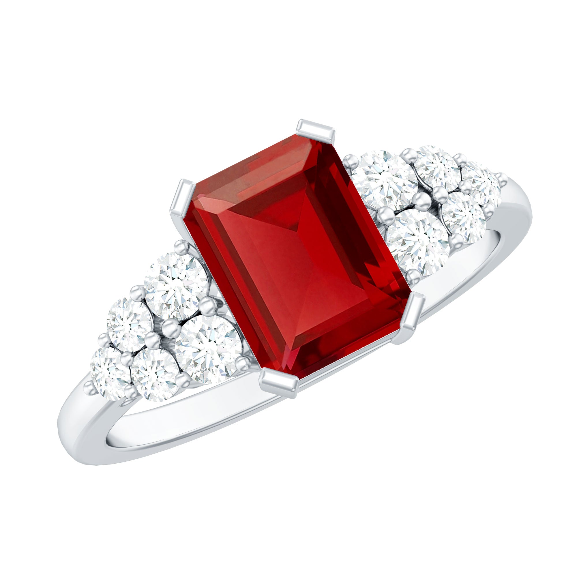 Emerald Cut Created Ruby and Diamond Designer Engagement Ring