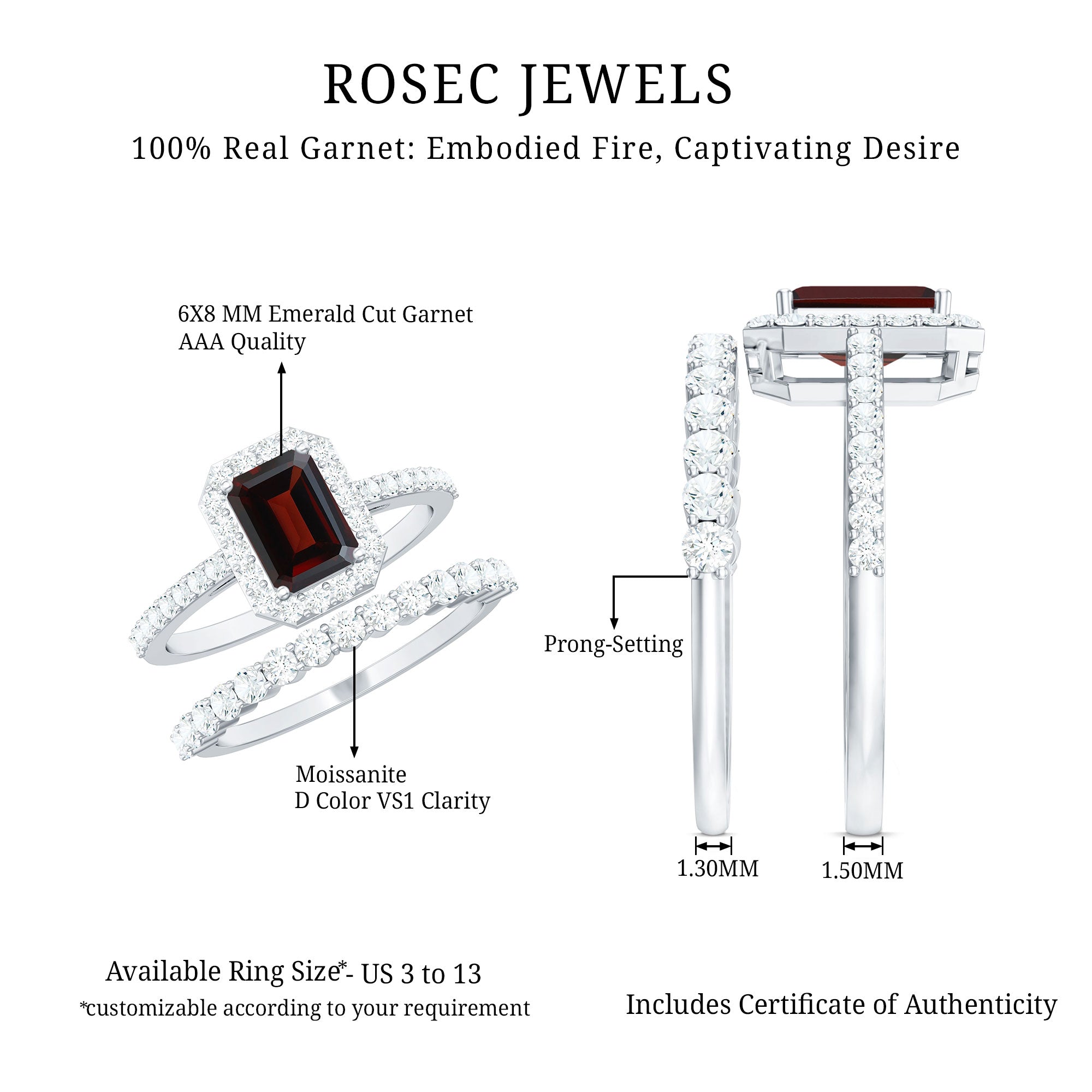 Genuine 6X8mm Emerald Cut Garnet Moissanite Wedding Ring Set of 2 AAA - Rosec Jewels