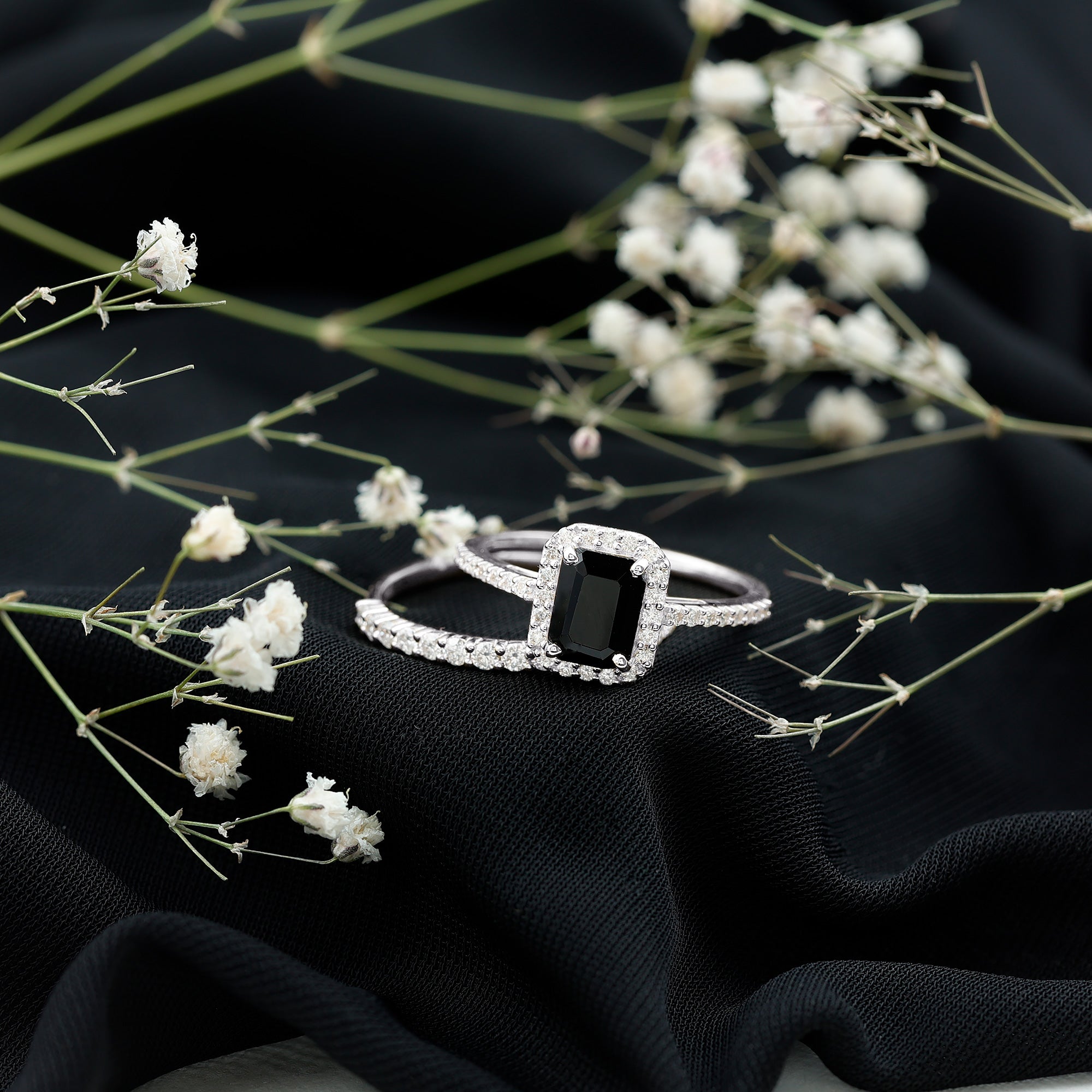 Rosec Jewels-Emerald Cut Black Onyx Wedding Ring Set with Moissanite