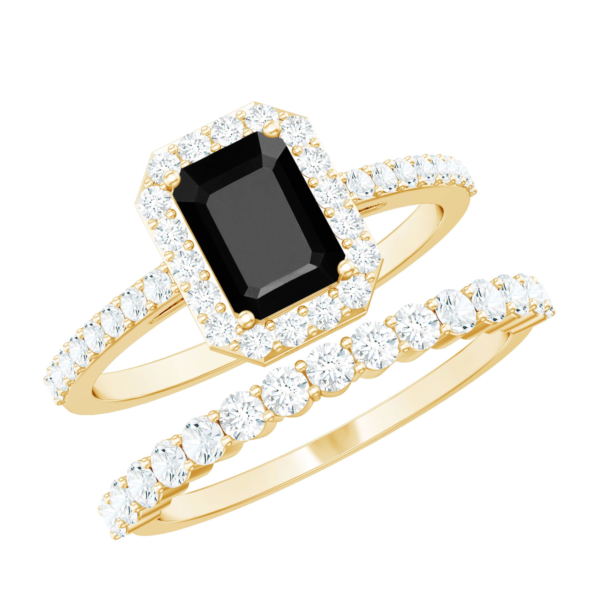 Rosec Jewels-Emerald Cut Black Onyx Wedding Ring Set with Moissanite