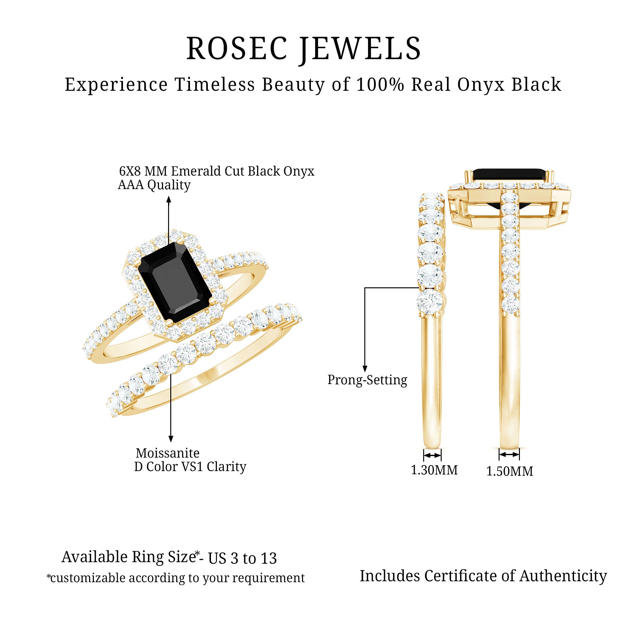 Rosec Jewels-Emerald Cut Black Onyx Wedding Ring Set with Moissanite