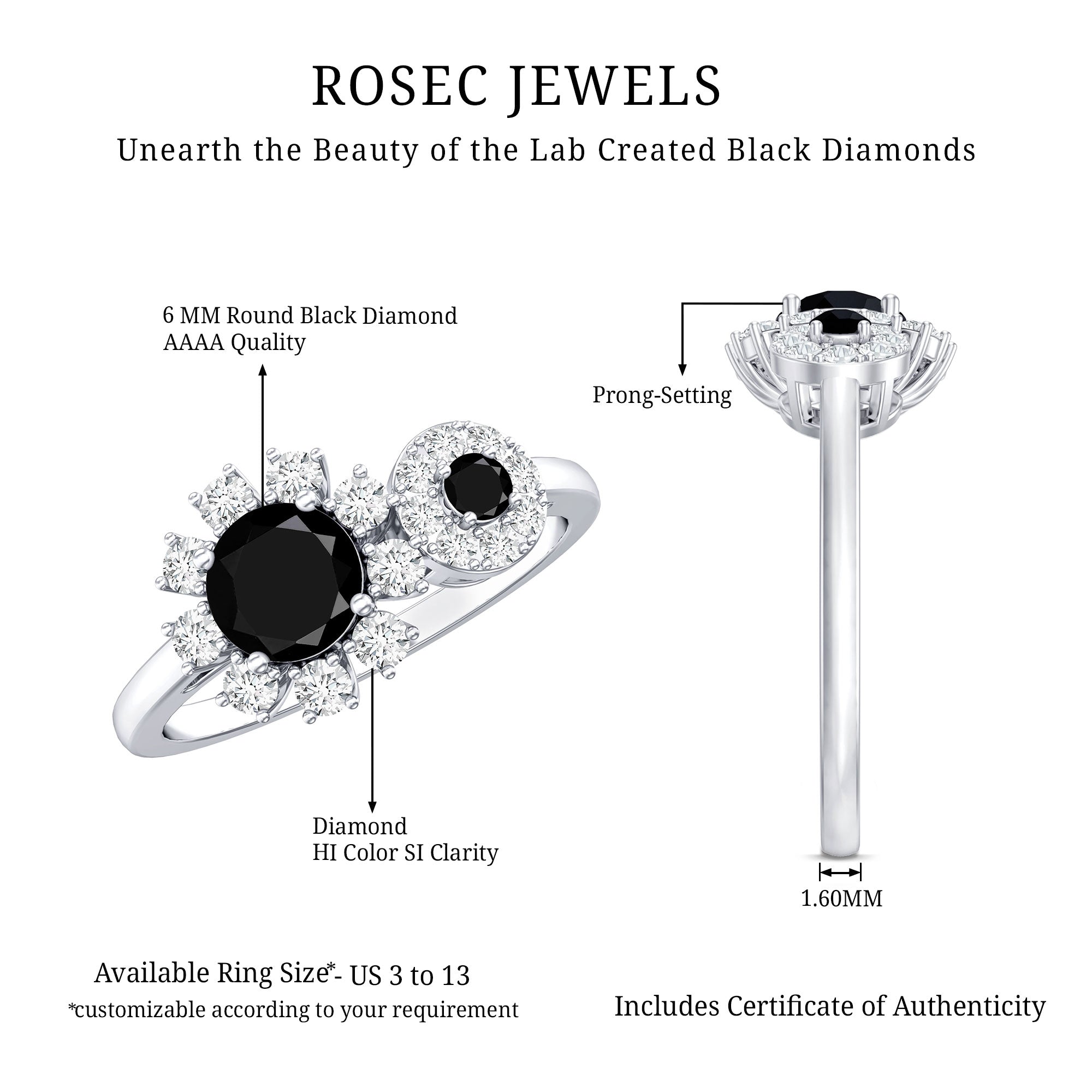 Lab Grown Black and White Diamond Designer Engagement Ring AAAA ( Synthetic ) - Rosec Jewels