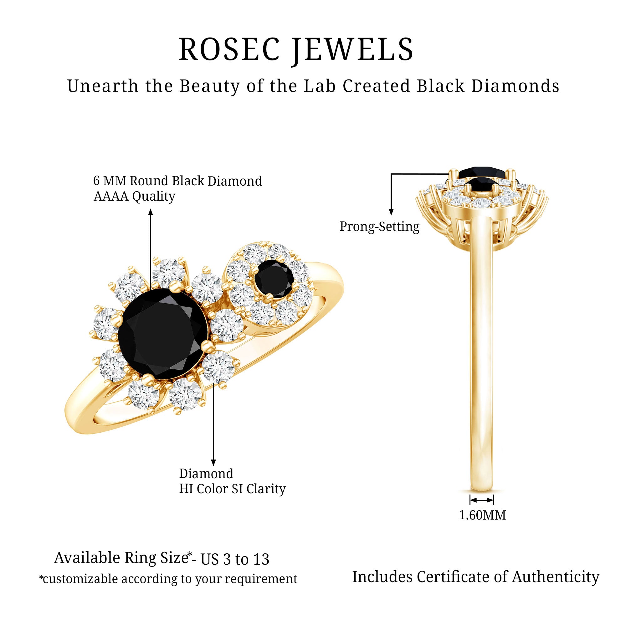 Lab Grown Black and White Diamond Designer Engagement Ring AAAA ( Synthetic ) - Rosec Jewels