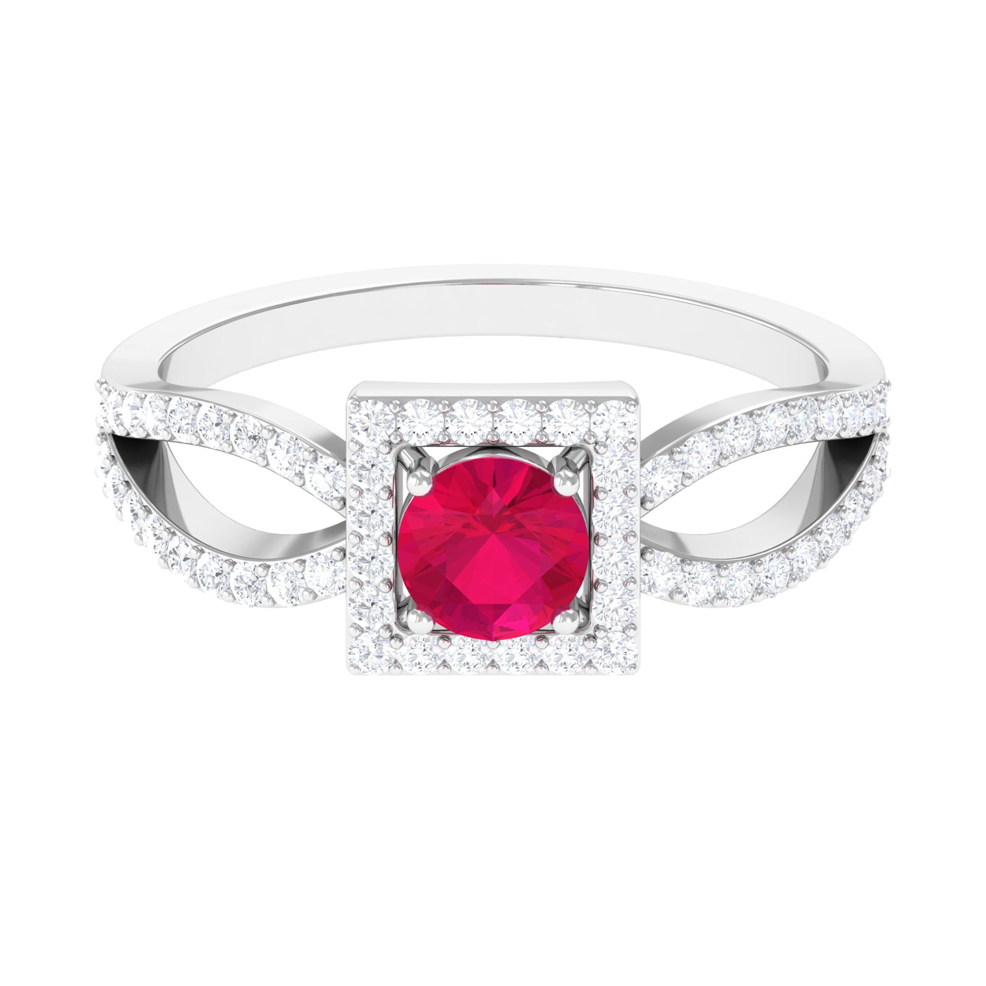 Split Shank Ruby Halo Engagement Ring with Diamond