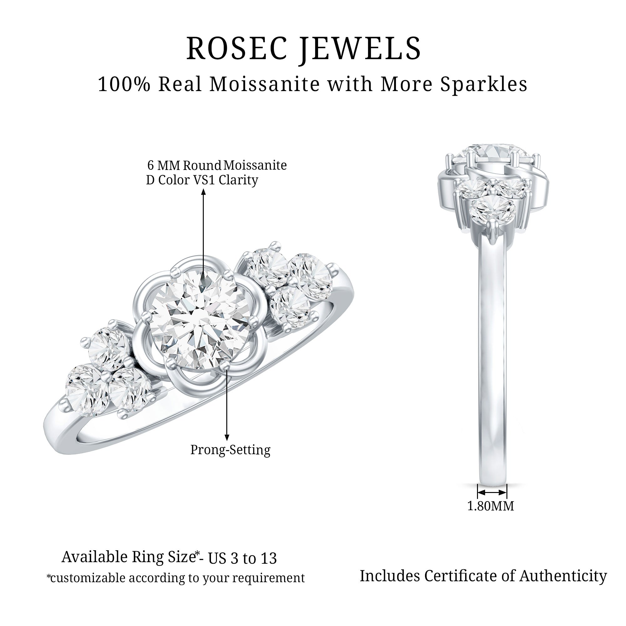 Certified Round Moissanite Flower Engagement Ring D-VS1 - Rosec Jewels