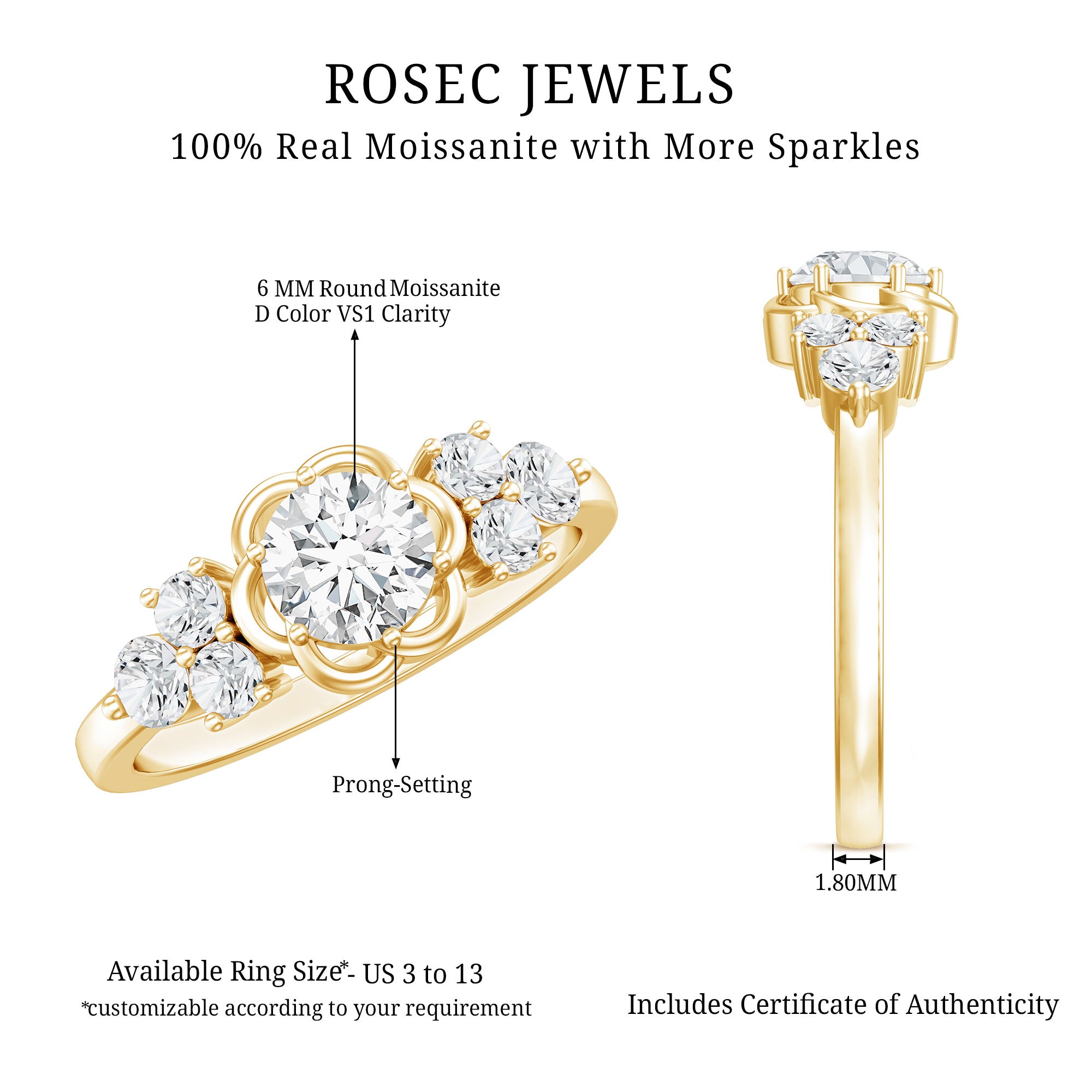 Certified Round Moissanite Flower Engagement Ring D-VS1 - Rosec Jewels