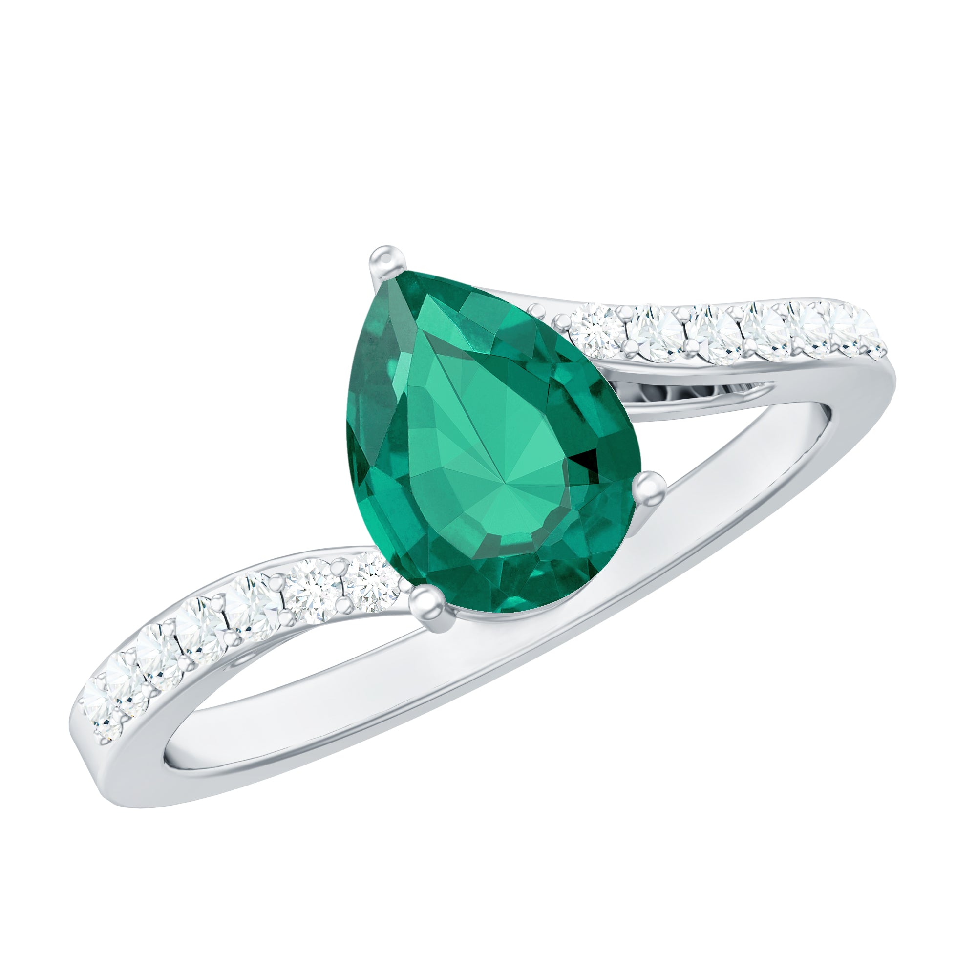 Classic Lab Grown Emerald Diamond Teardrop Engagement Ring with Bypass Shank AAAA - Rosec Jewels
