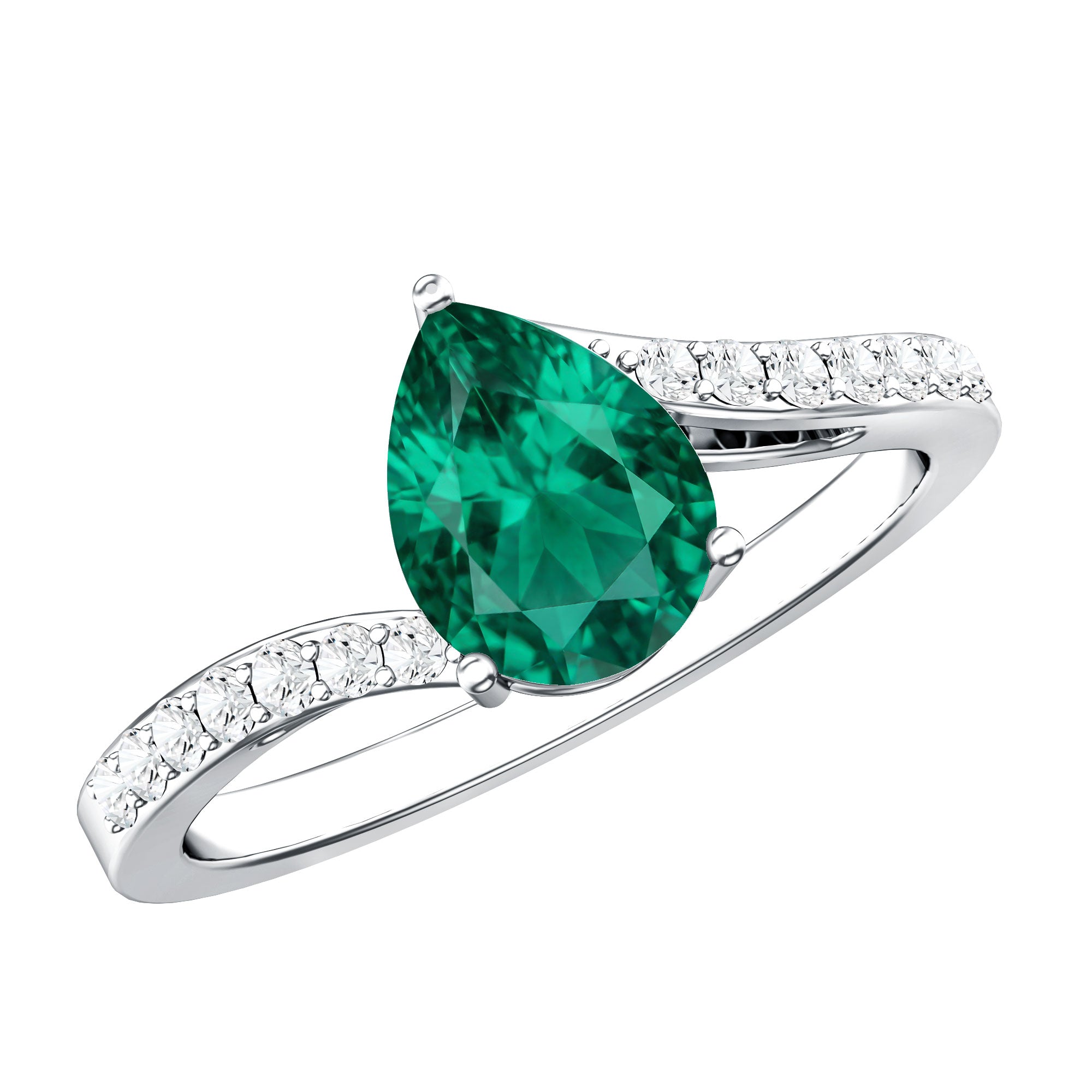 Classic Lab Grown Emerald Diamond Teardrop Engagement Ring with Bypass Shank AAAA - Rosec Jewels