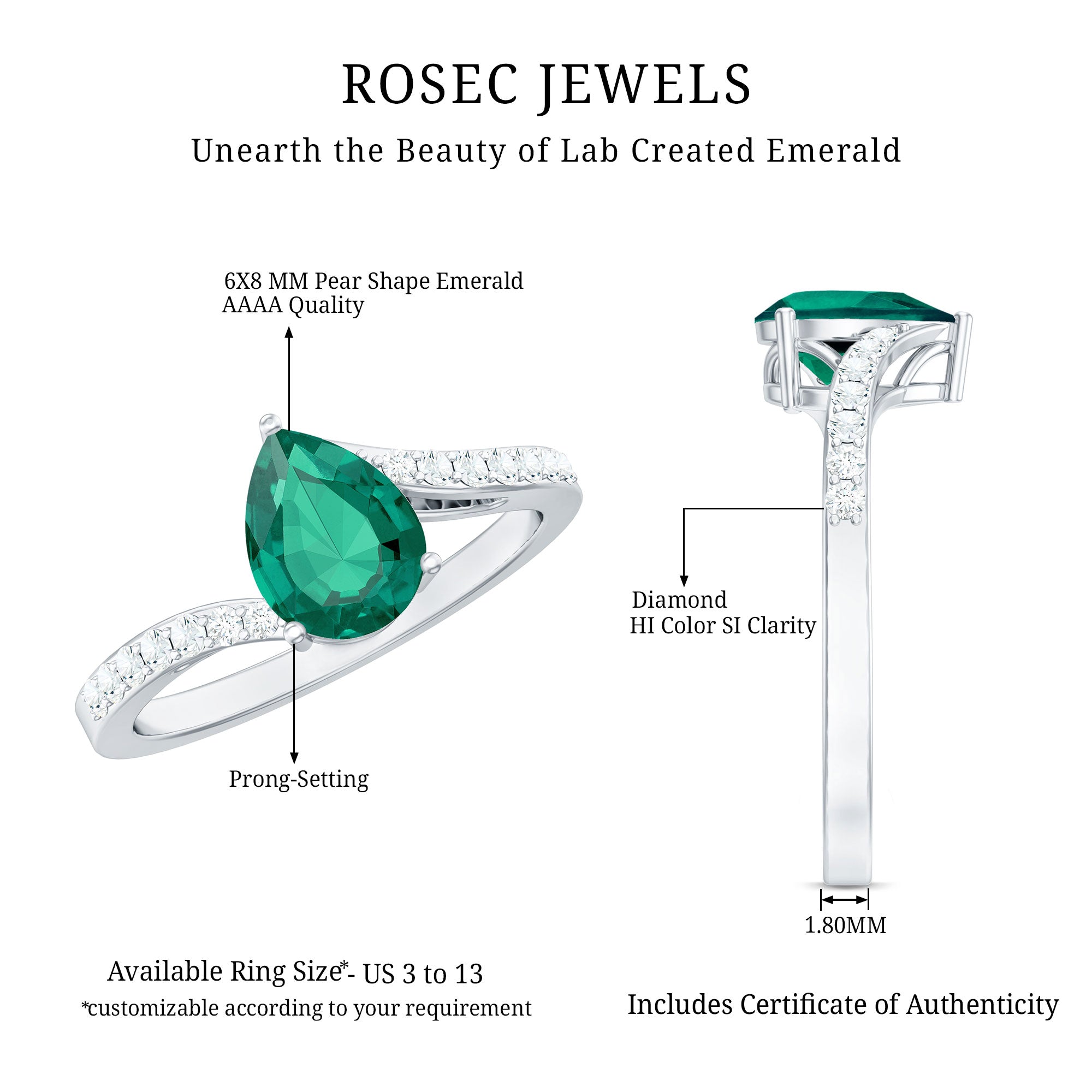 Classic Lab Grown Emerald Diamond Teardrop Engagement Ring with Bypass Shank AAAA - Rosec Jewels