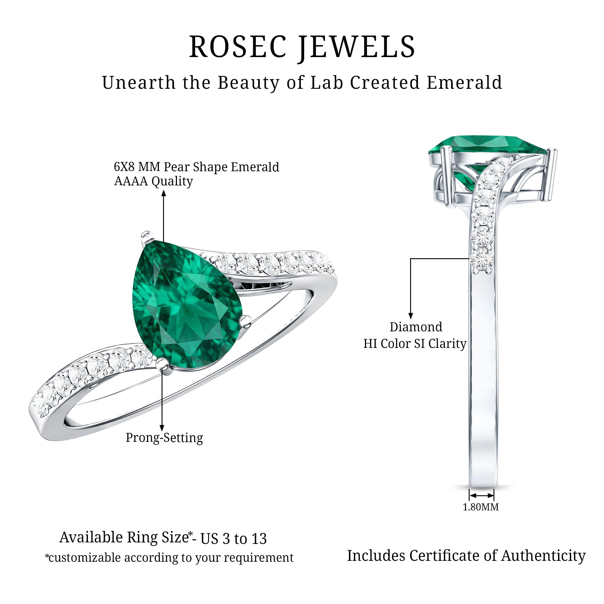 Classic Lab Grown Emerald Diamond Teardrop Engagement Ring with Bypass Shank AAAA - Rosec Jewels