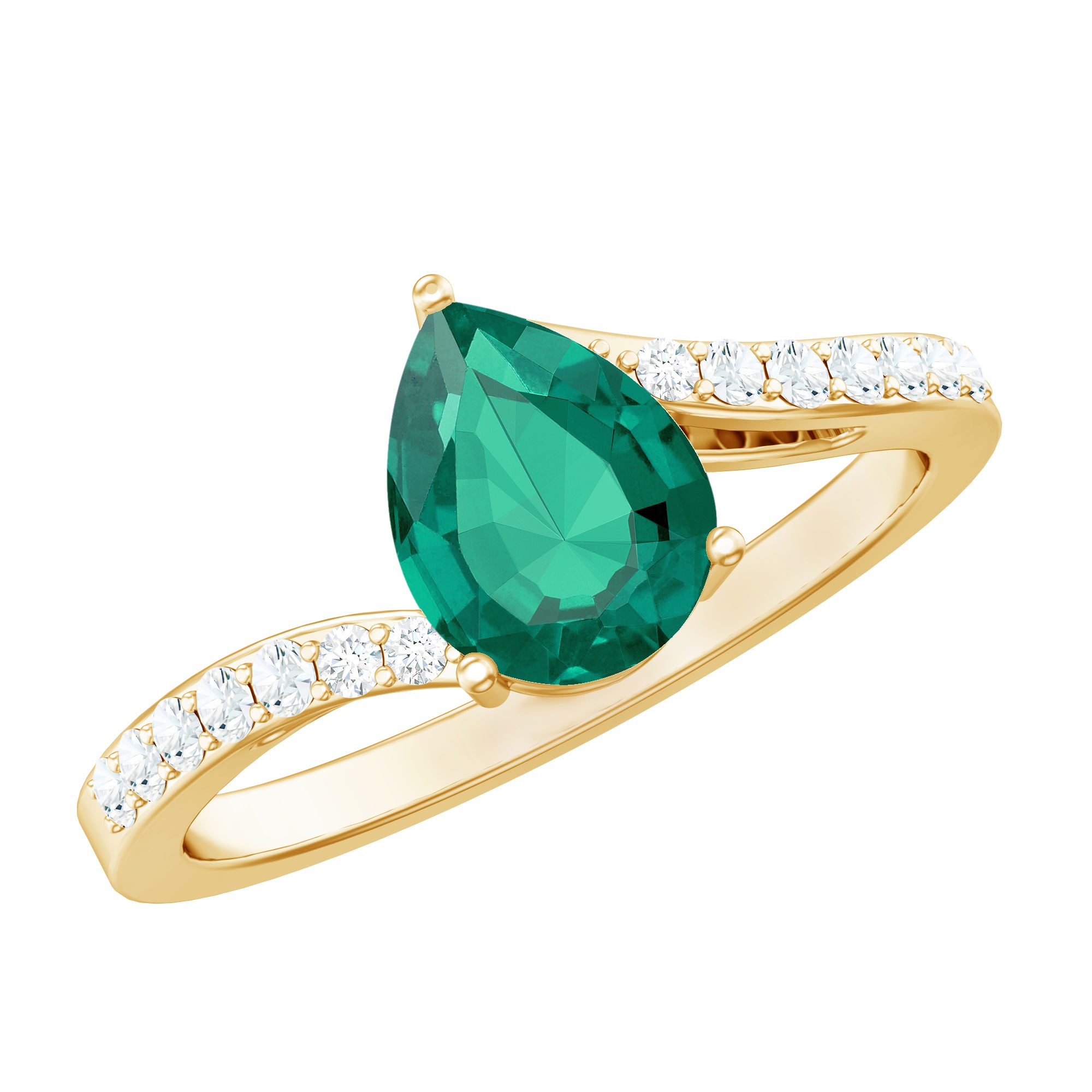 Classic Lab Grown Emerald Diamond Teardrop Engagement Ring with Bypass Shank AAAA - Rosec Jewels