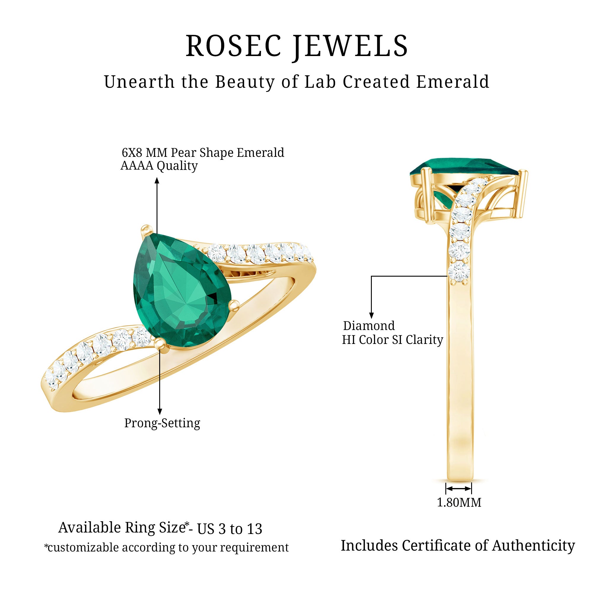Classic Lab Grown Emerald Diamond Teardrop Engagement Ring with Bypass Shank AAAA - Rosec Jewels
