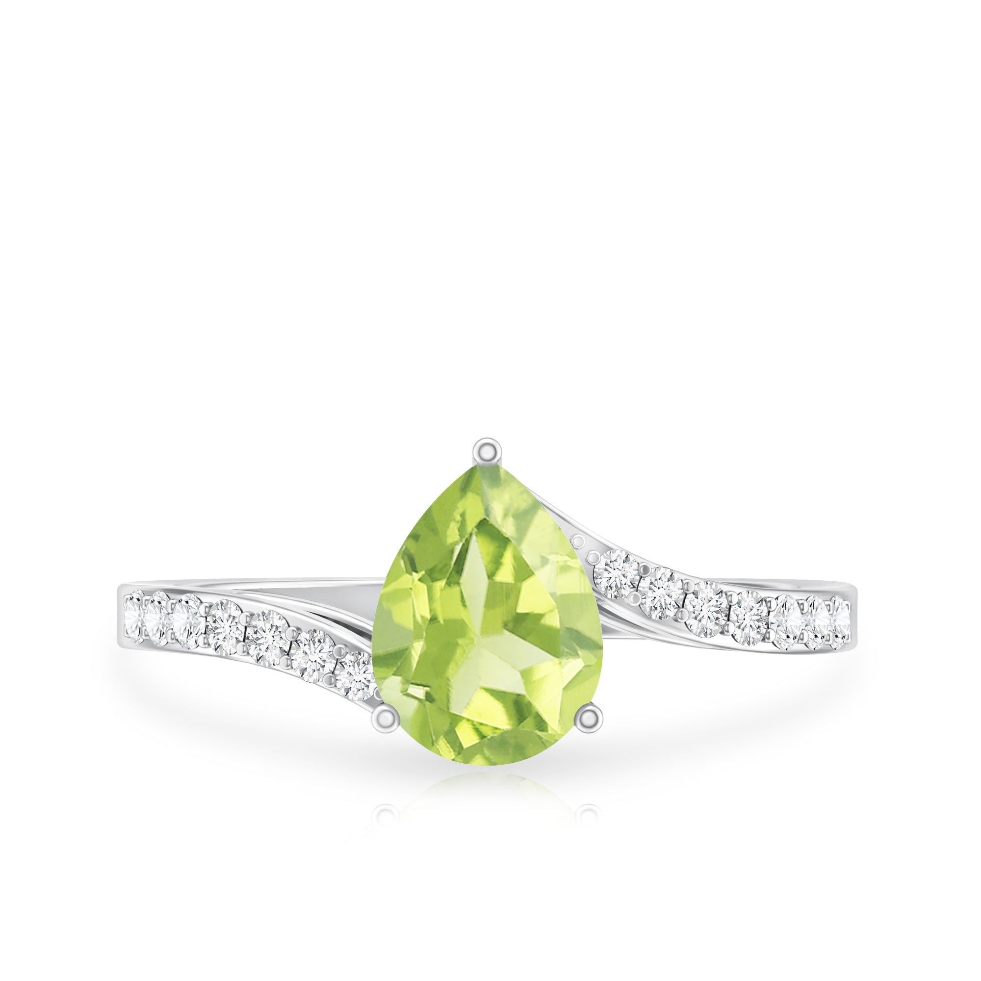 1 Carat Pear Shaped Peridot Engagement Ring with Diamond Bypass Shank AAA - Rosec Jewels