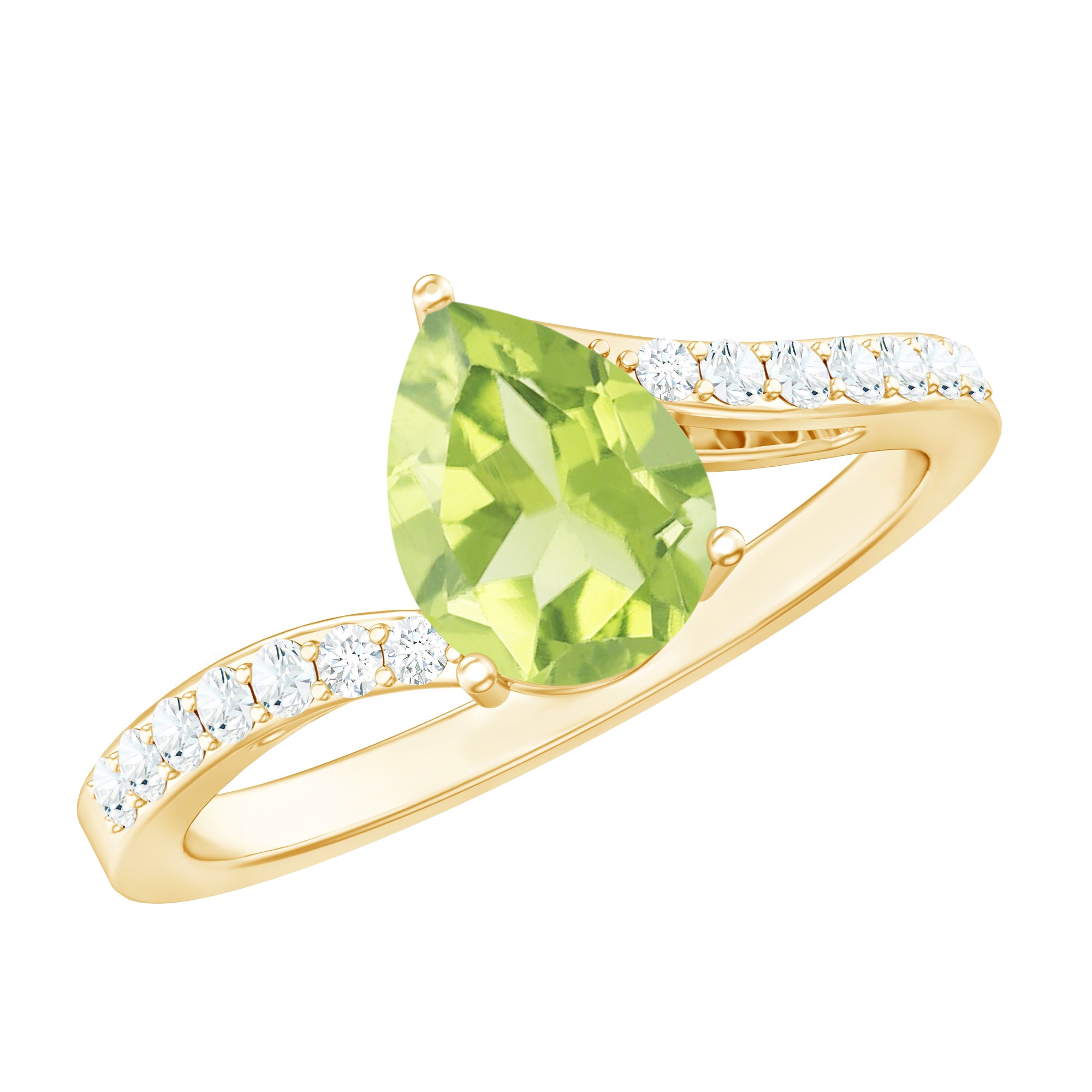 1 Carat Pear Shaped Peridot Engagement Ring with Diamond Bypass Shank AAA - Rosec Jewels