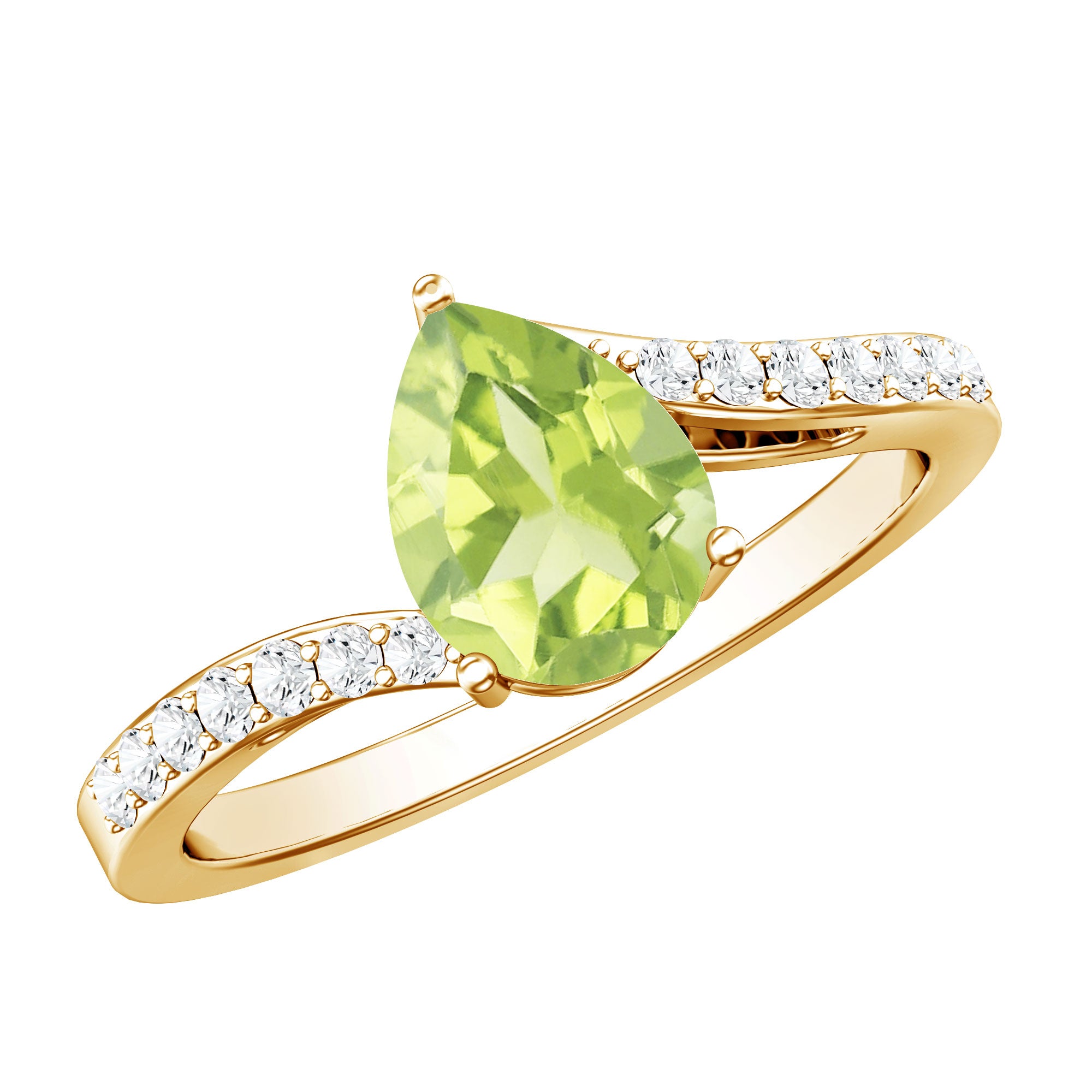 1 Carat Pear Shaped Peridot Engagement Ring with Diamond Bypass Shank AAA - Rosec Jewels