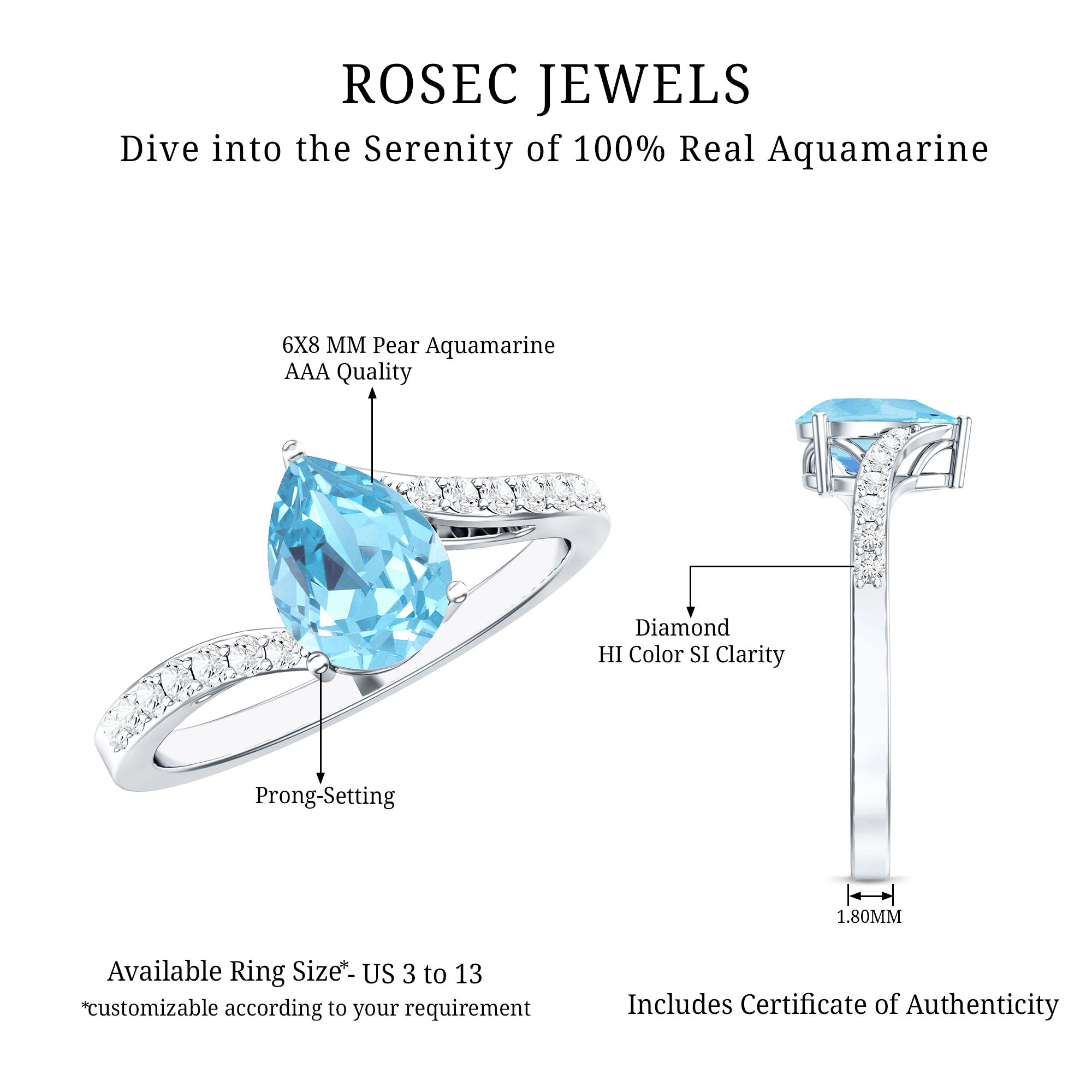 Pear Cut Aquamarine Teardrop Engagement Ring with Diamond AAA - Rosec Jewels