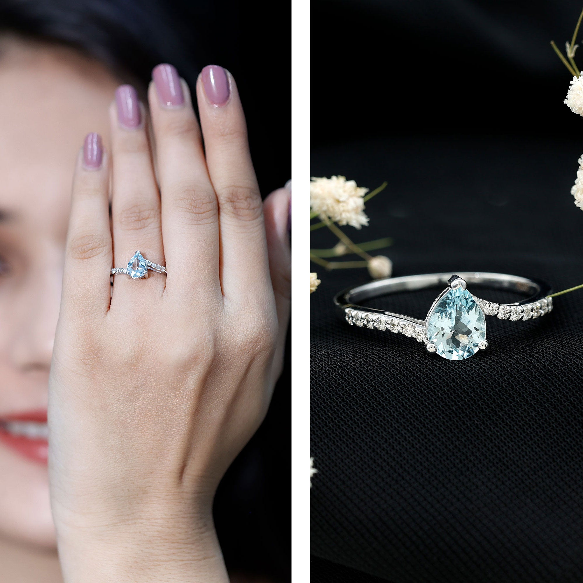 Pear Cut Aquamarine Teardrop Engagement Ring with Diamond AAA - Rosec Jewels