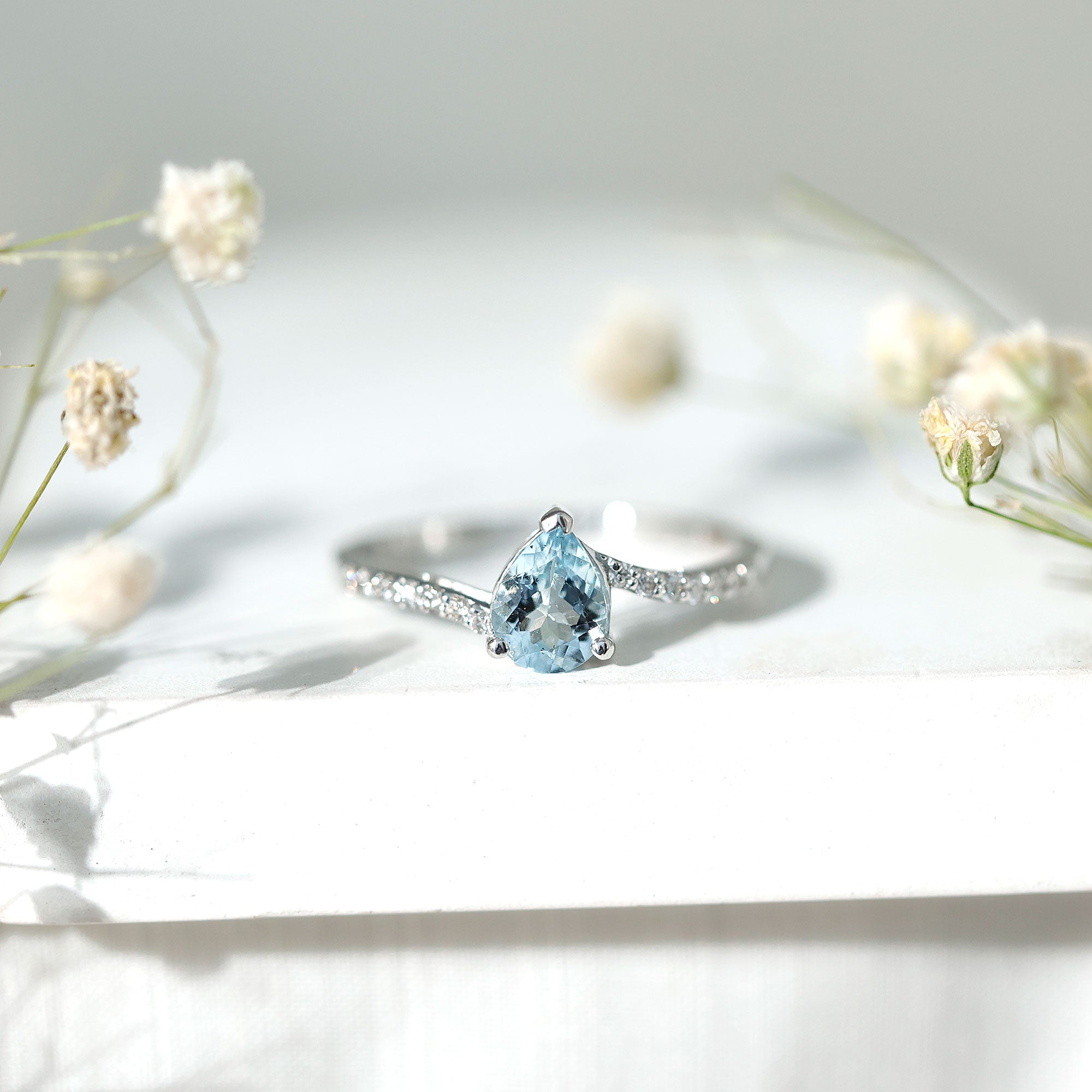 Pear Cut Aquamarine Teardrop Engagement Ring with Diamond AAA - Rosec Jewels