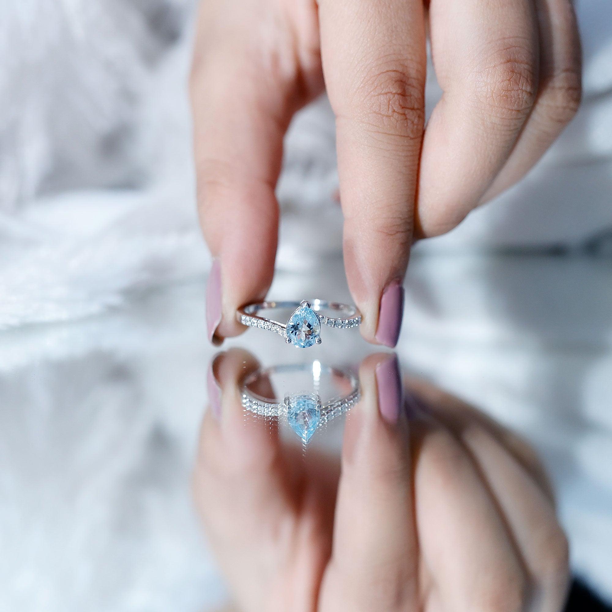 Pear Cut Aquamarine Teardrop Engagement Ring with Diamond AAA - Rosec Jewels