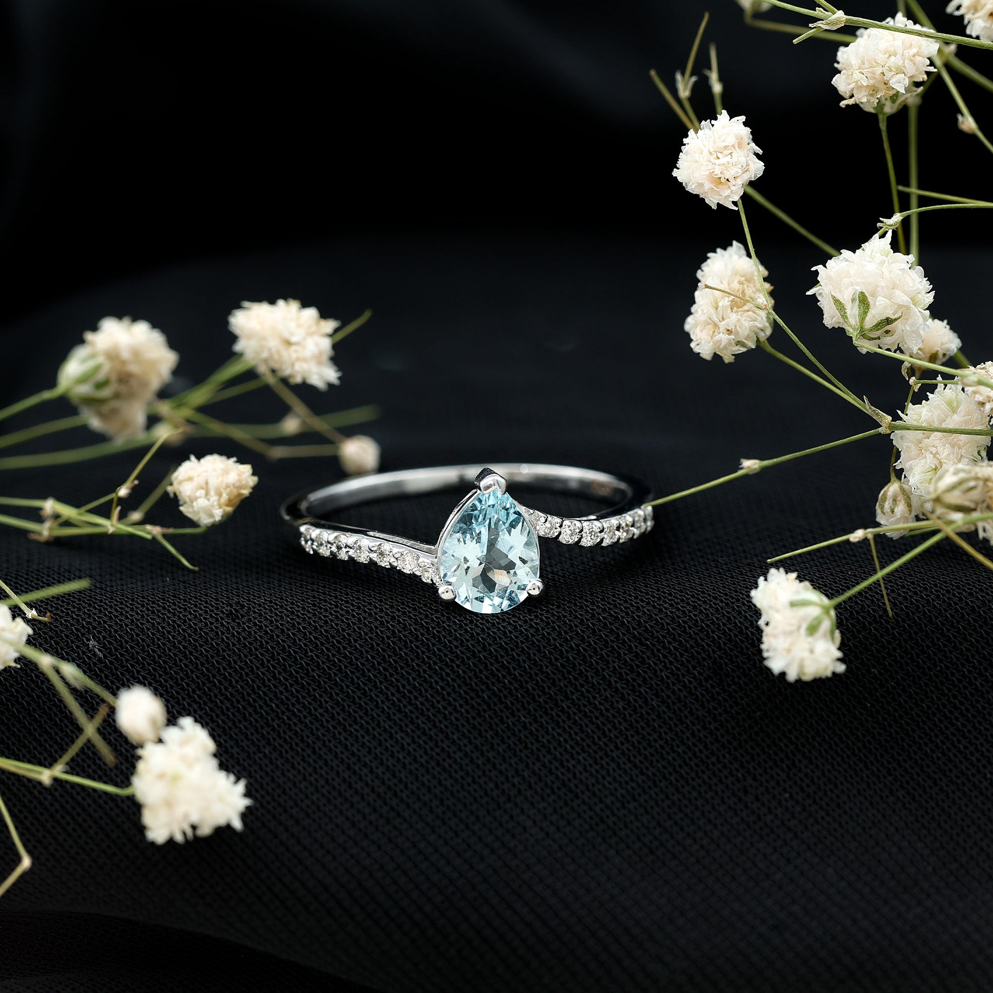 Pear Cut Aquamarine Teardrop Engagement Ring with Diamond AAA - Rosec Jewels