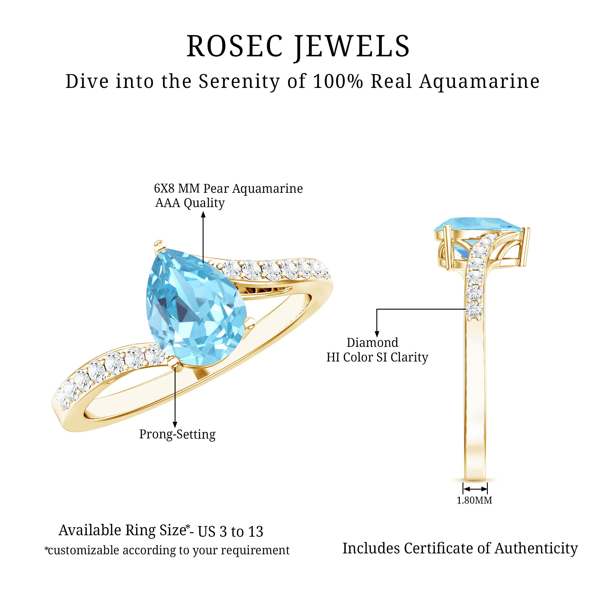 Pear Cut Aquamarine Teardrop Engagement Ring with Diamond AAA - Rosec Jewels