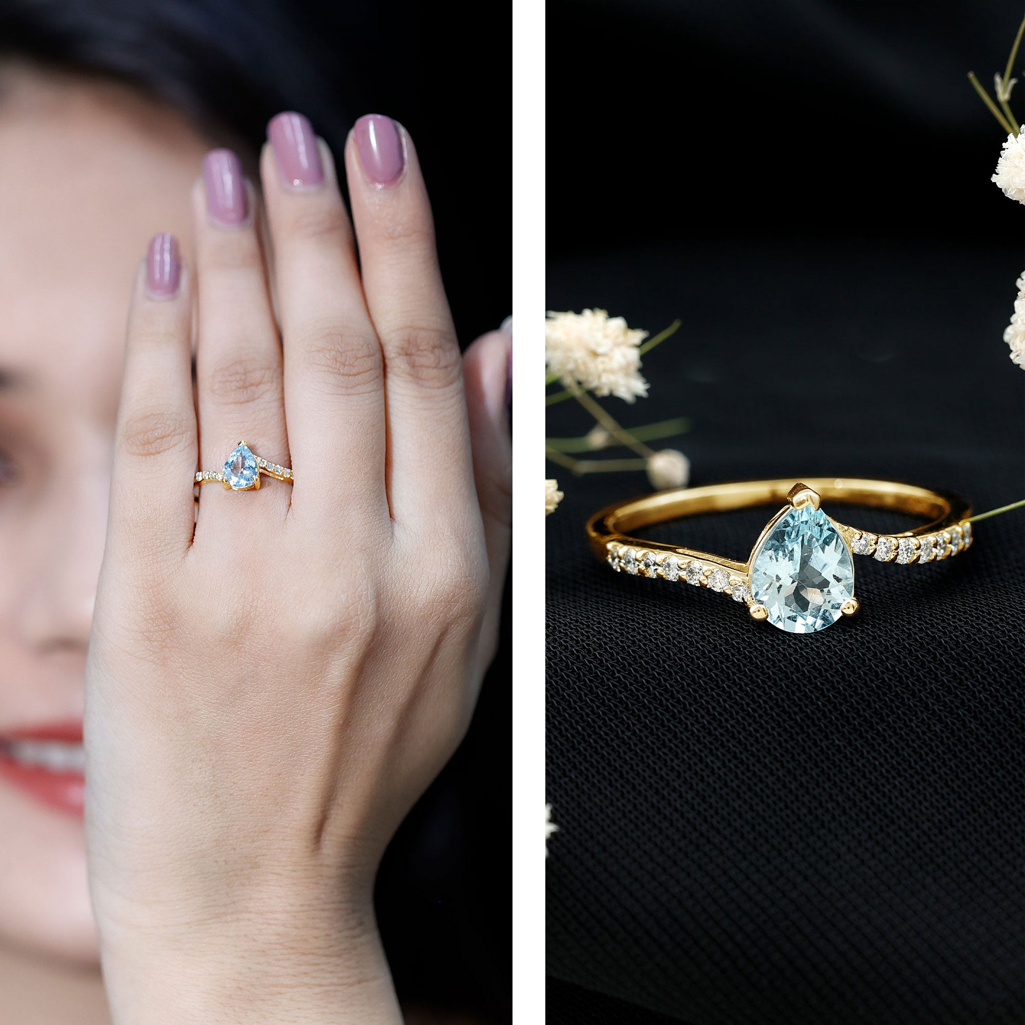 Pear Cut Aquamarine Teardrop Engagement Ring with Diamond AAA - Rosec Jewels