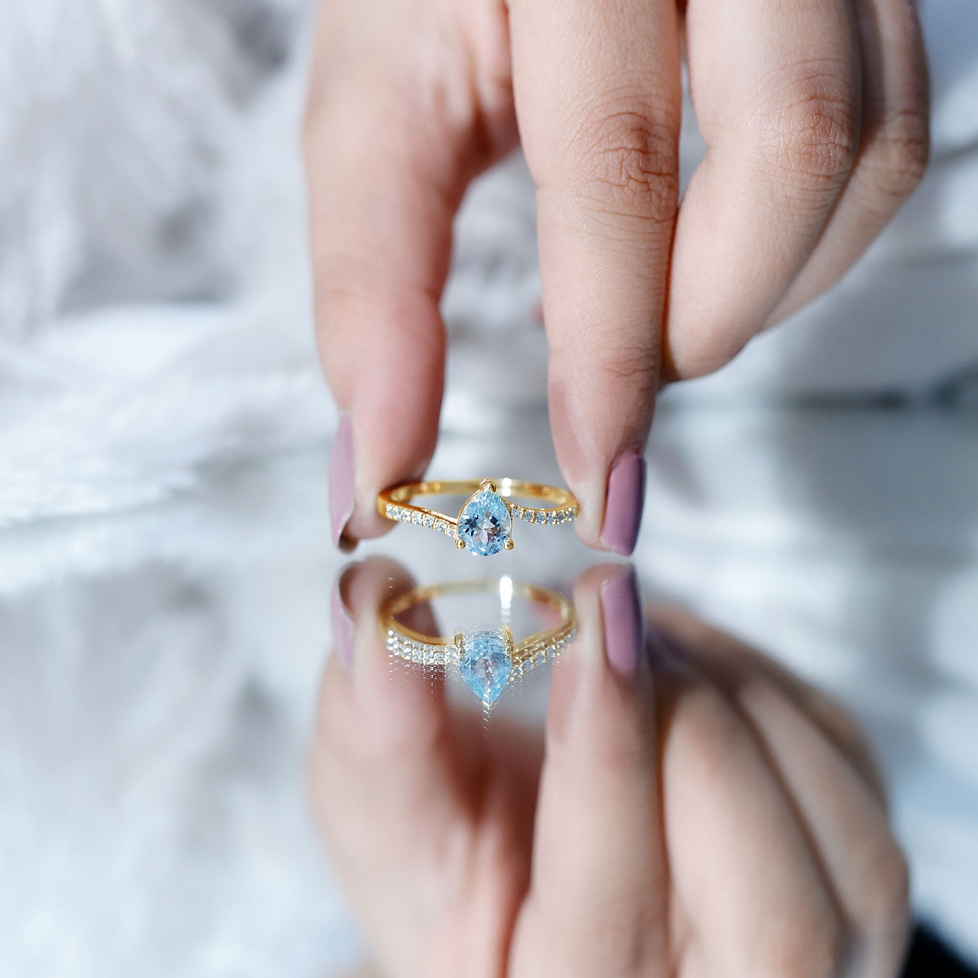 Pear Cut Aquamarine Teardrop Engagement Ring with Diamond AAA - Rosec Jewels