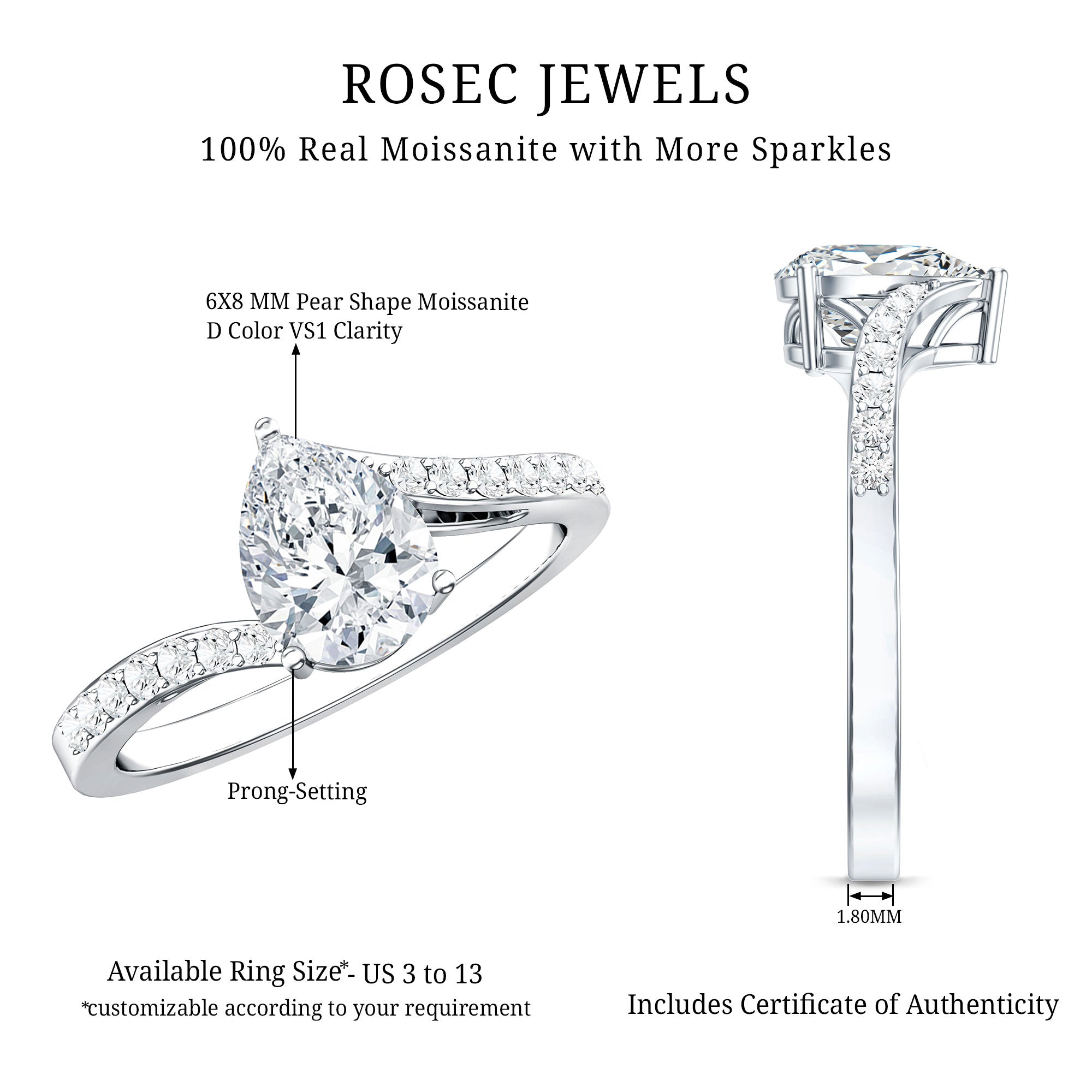 Pear Shape Moissanite Solitaire Bypass Engagement Ring D-VS1 - Rosec Jewels