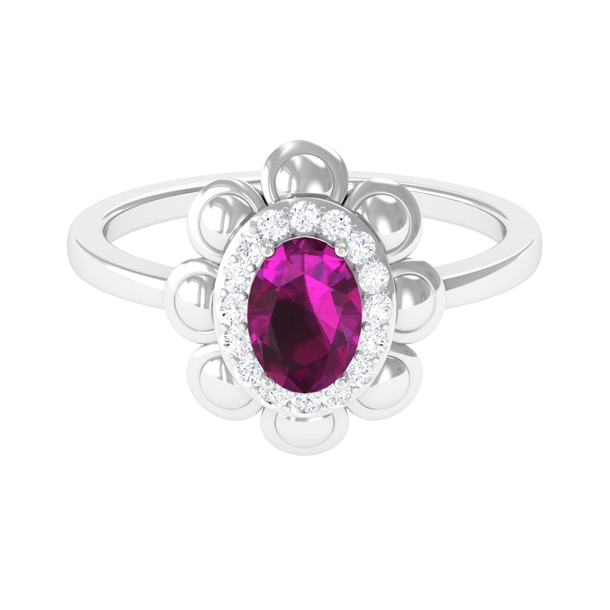 Oval Shape Rhodolite Flower Engagement Ring with Diamond Halo
