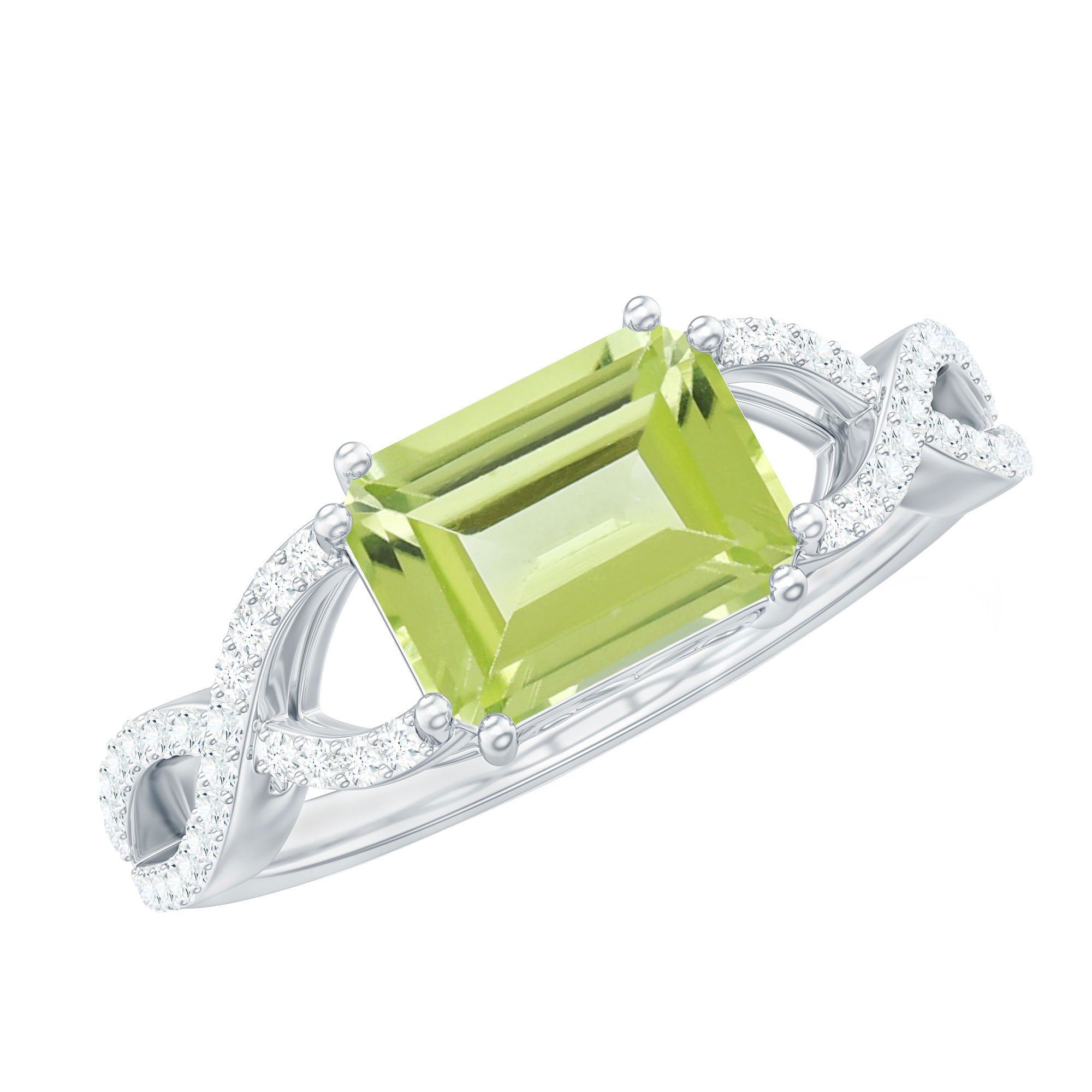 2 CT Emerald Cut Peridot East West Engagement Ring with Diamond