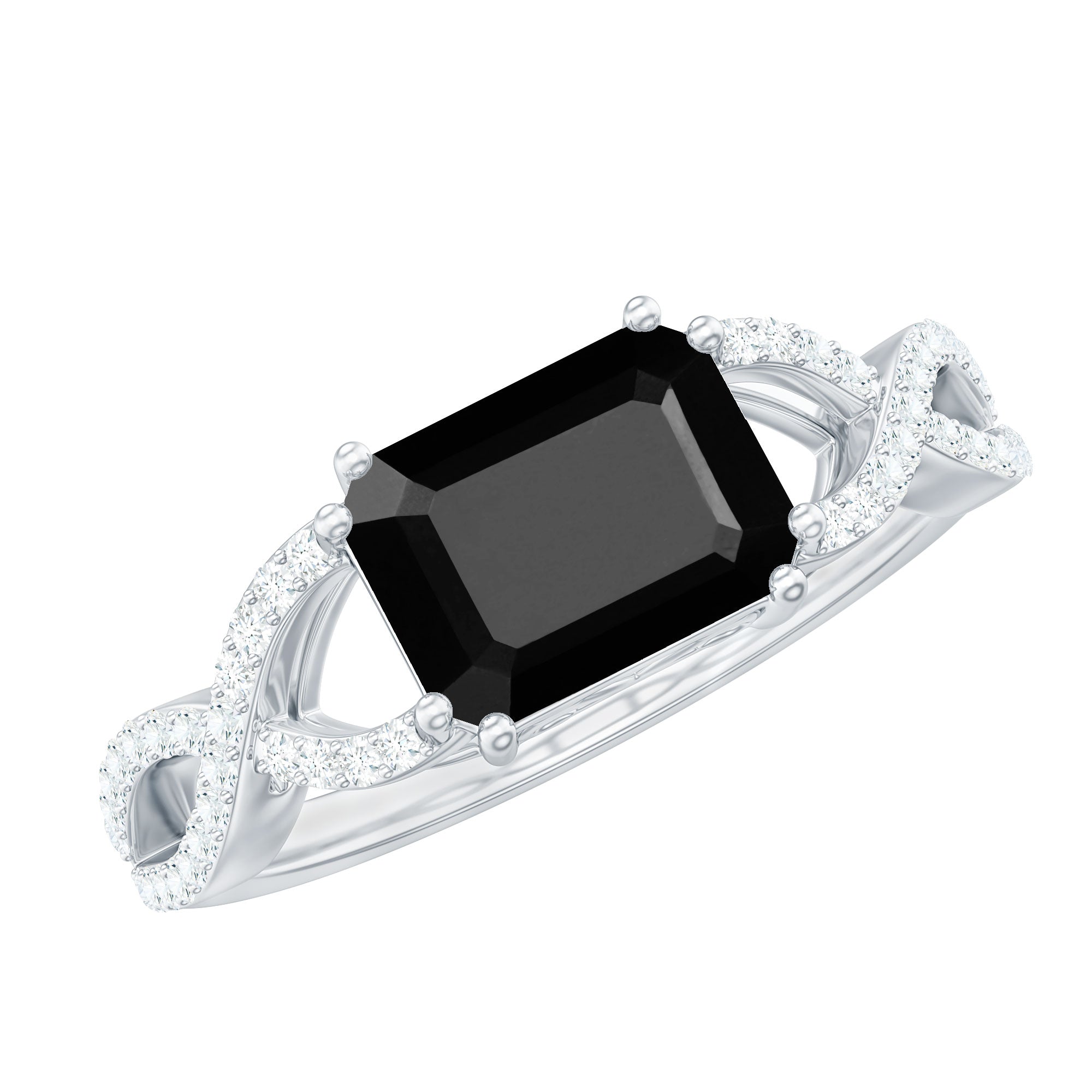 Designer Black Onyx Crossover Engagement Ring with Diamonds