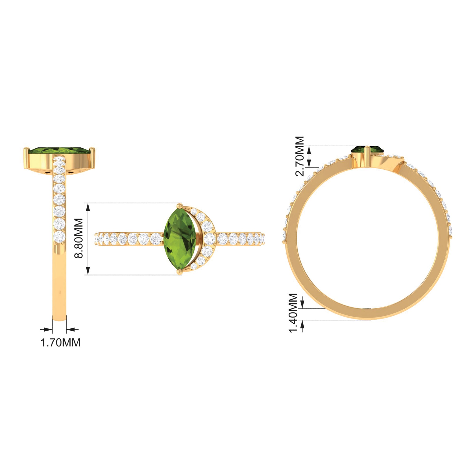 1.25 CT Minimal Marquise Cut Peridot Ring with Diamond Accent AAA - Rosec Jewels