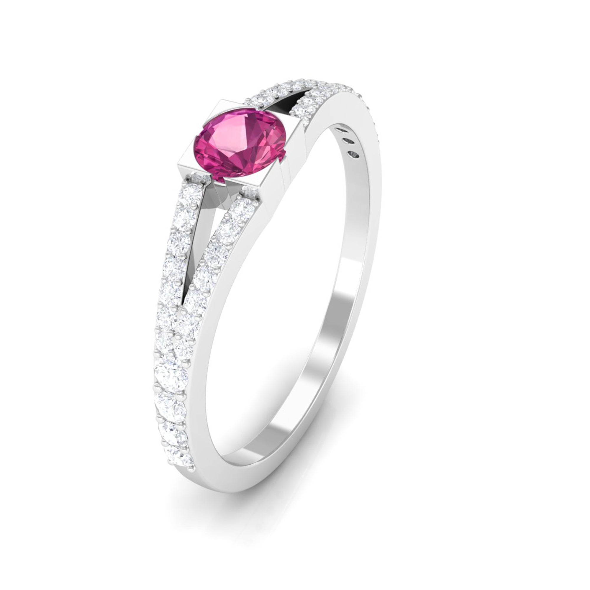 Minimal Pink Tourmaline Split Shank Ring with Diamond AAA - Rosec Jewels