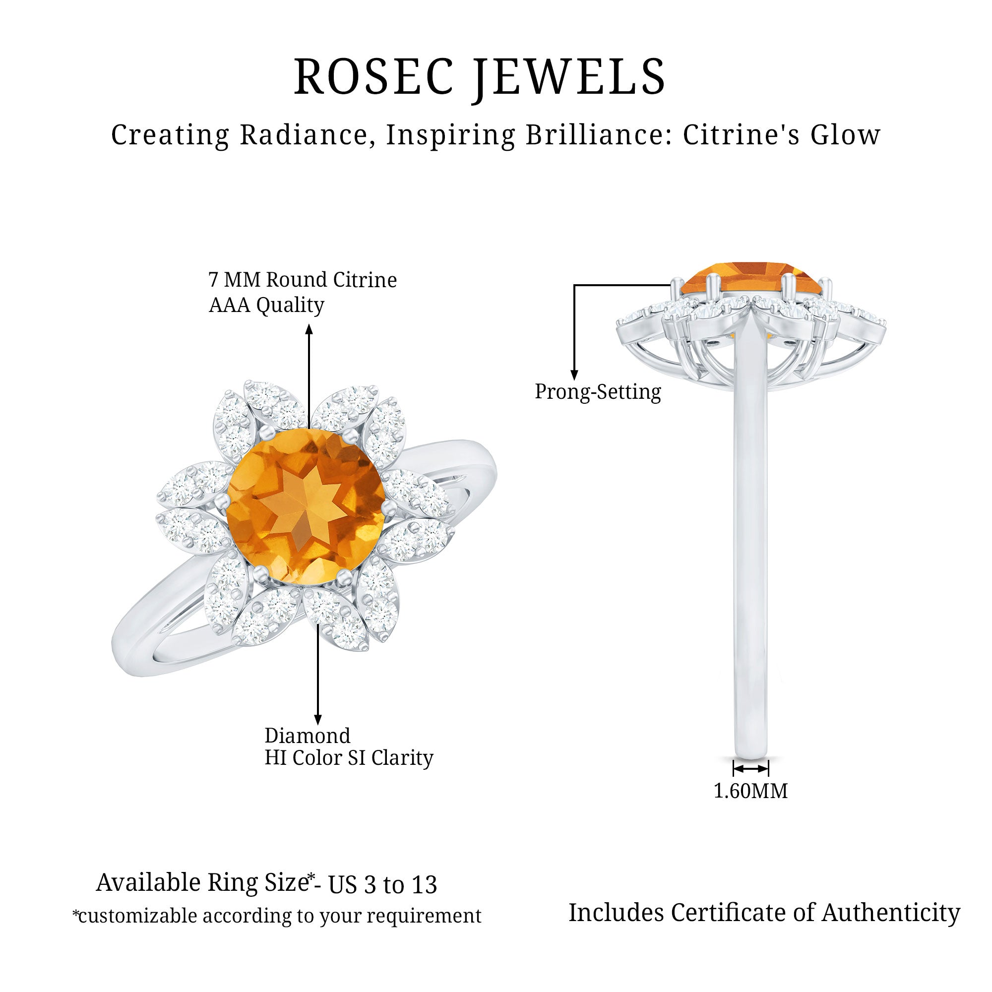 Natural Citrine Floral Engagement Ring with Diamond AAA - Rosec Jewels