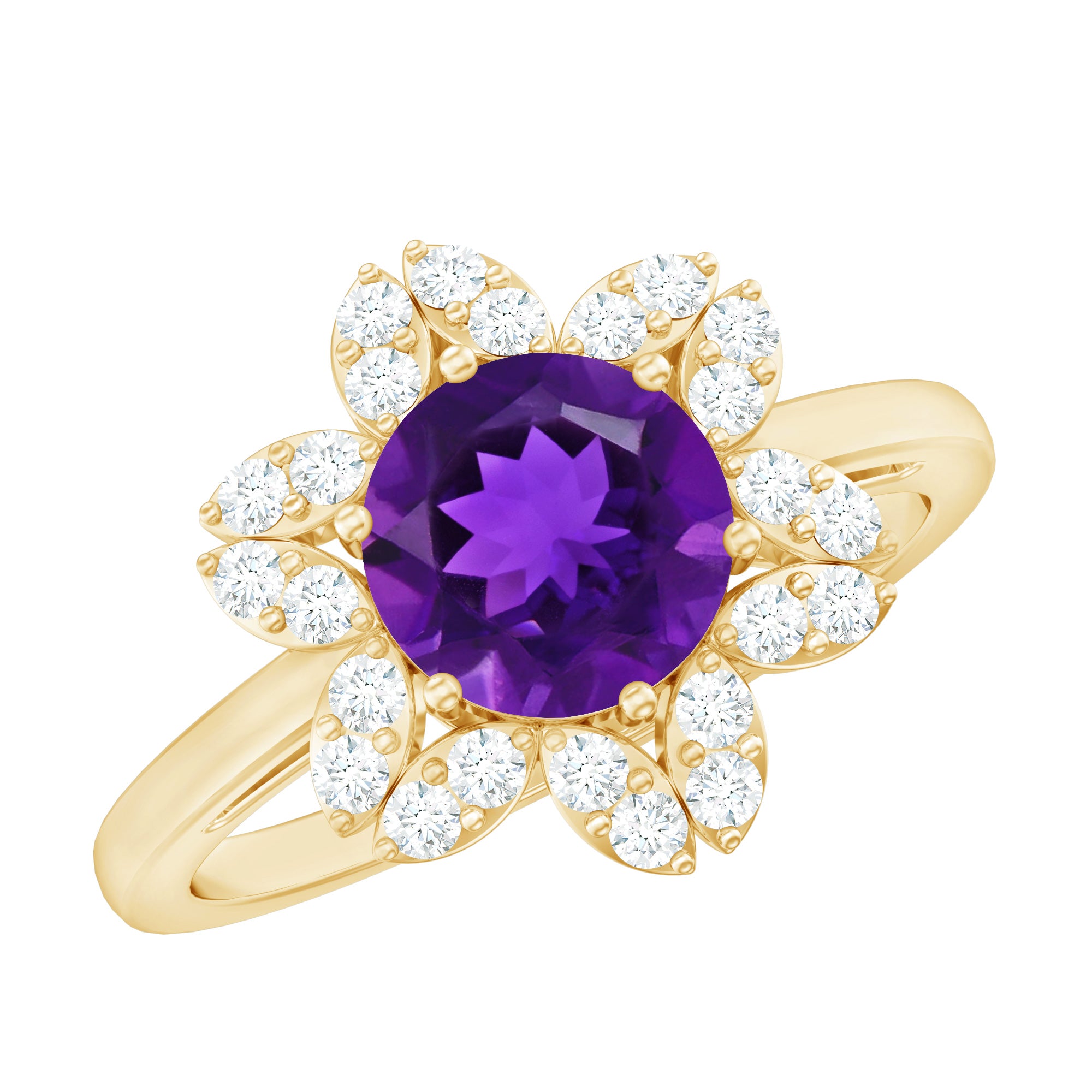 Round Amethyst Flower Engagement Ring with Diamond AAA - Rosec Jewels