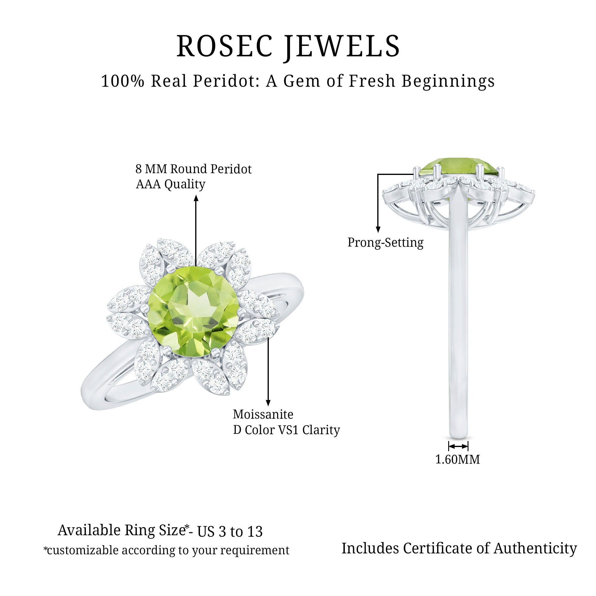 2 Carat Natural Peridot Flower Engagement Ring with Diamond AAA - Rosec Jewels