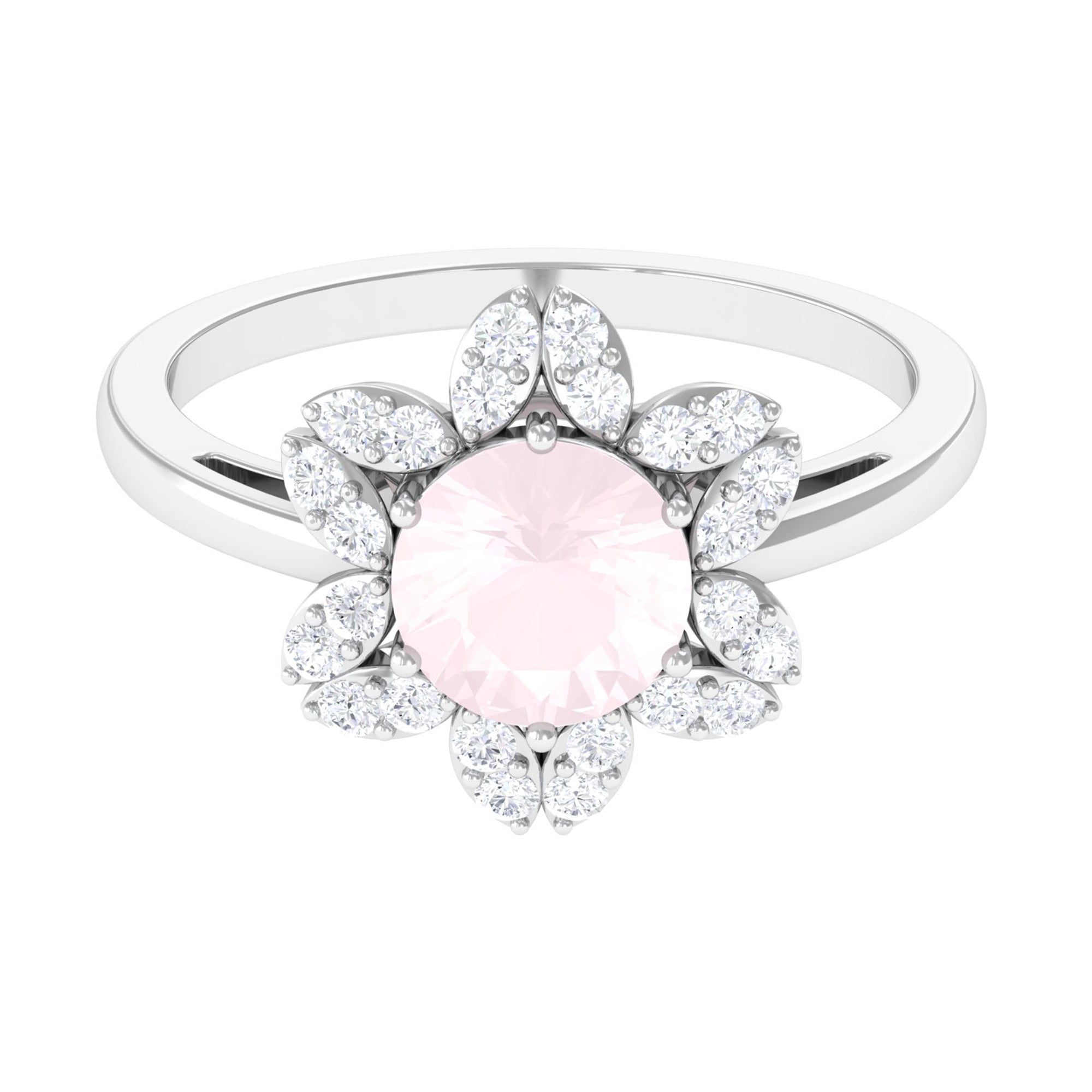 1.75 CT Natural Rose Quartz Floral Ring with Diamond Halo