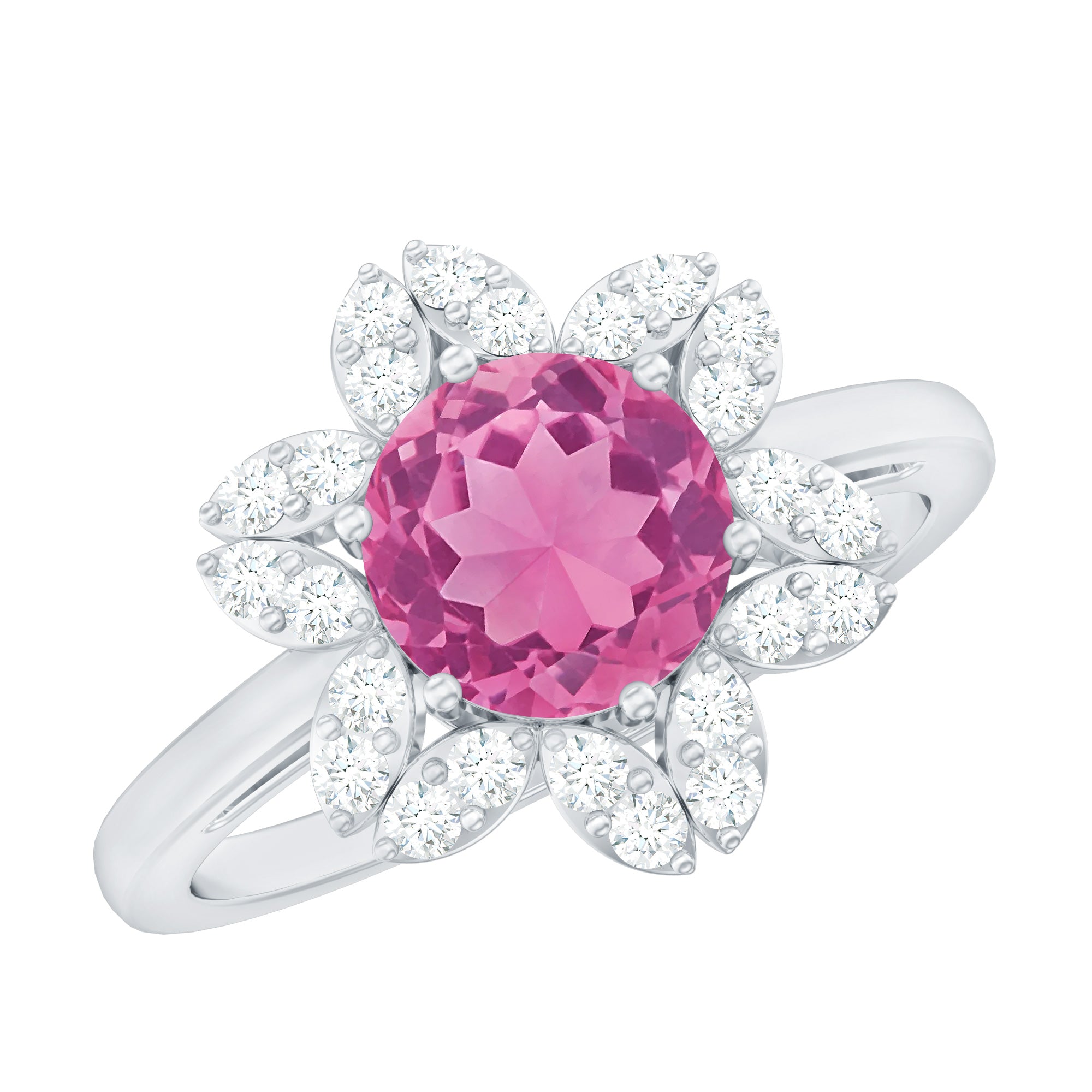 Real Pink Tourmaline Flower Halo Ring with Diamond