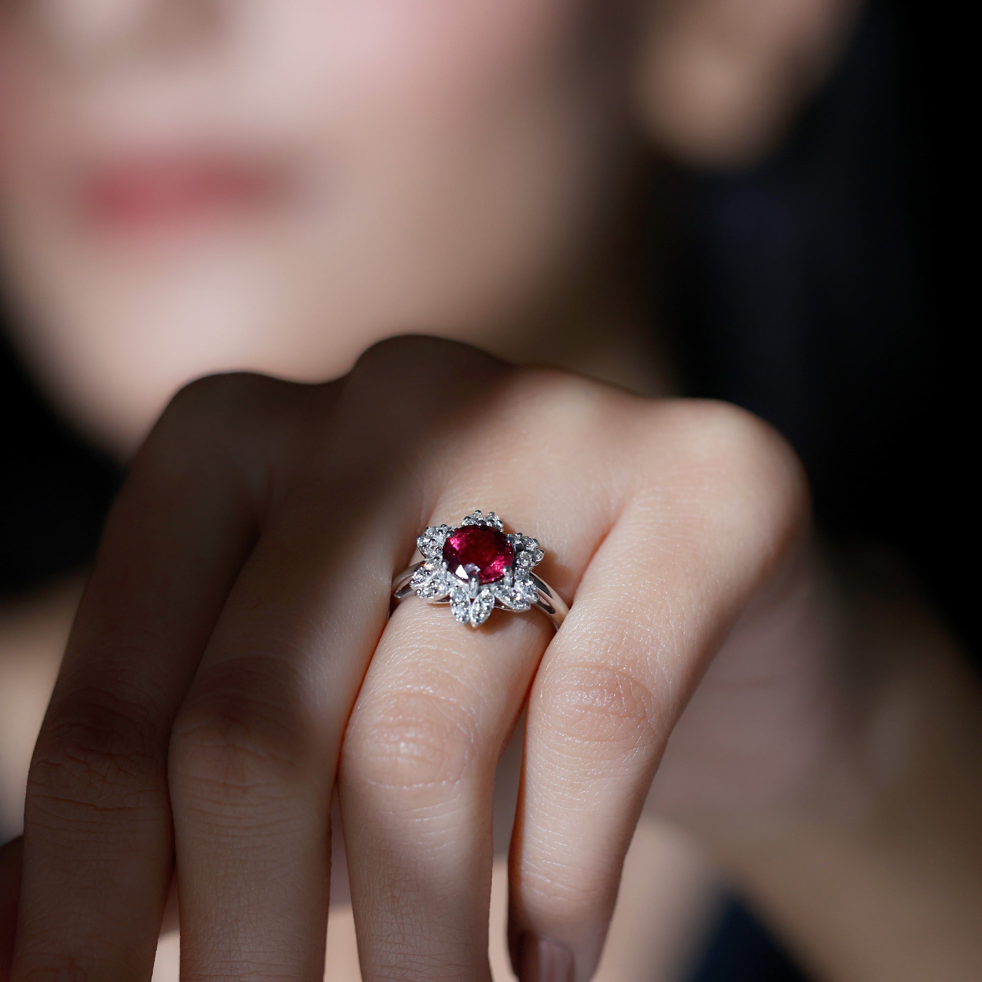 Real 1.2 Carat Round Pink Tourmaline Flower Engagement Ring with Diamond AAA - Rosec Jewels