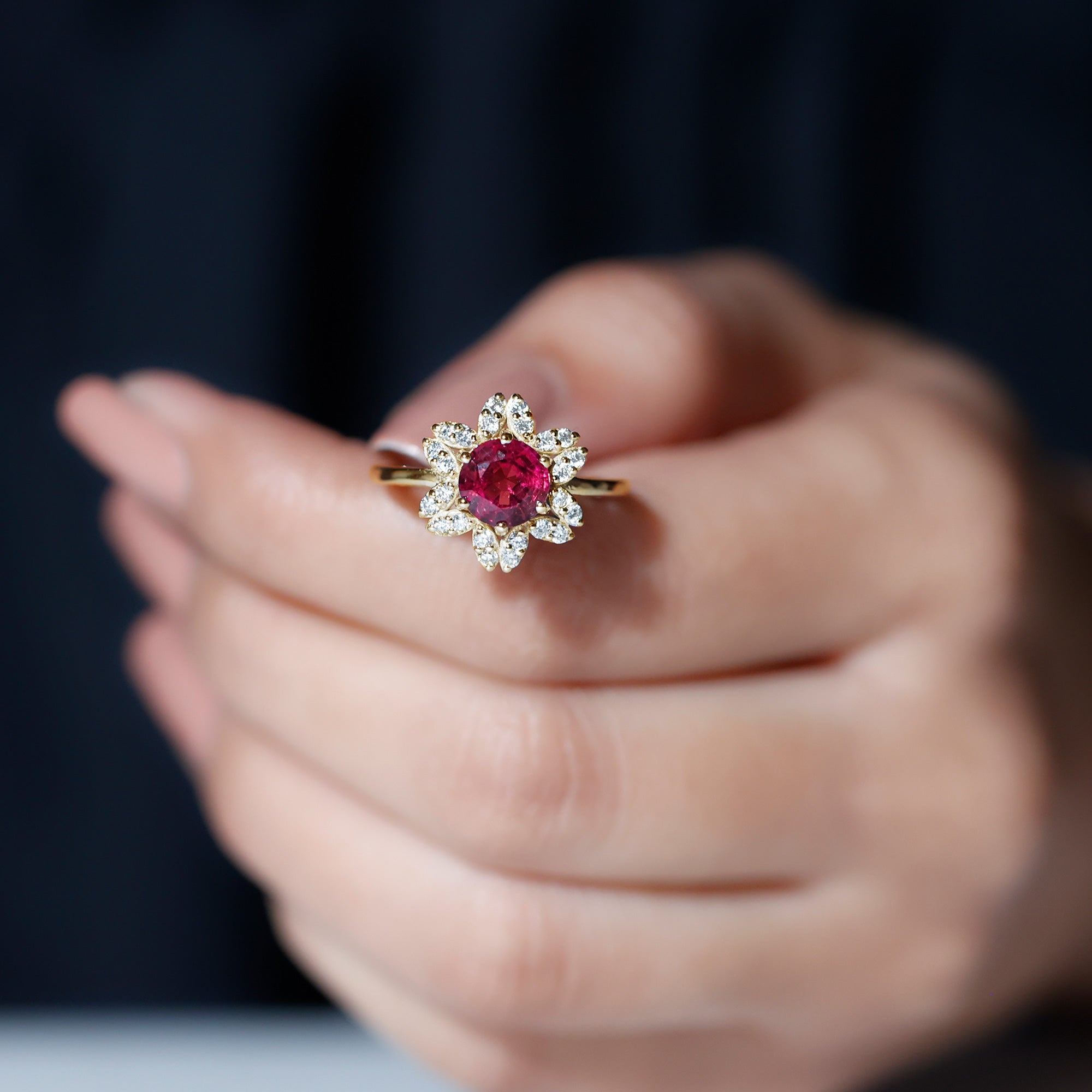 Real 1.2 Carat Round Pink Tourmaline Flower Engagement Ring with Diamond AAA - Rosec Jewels
