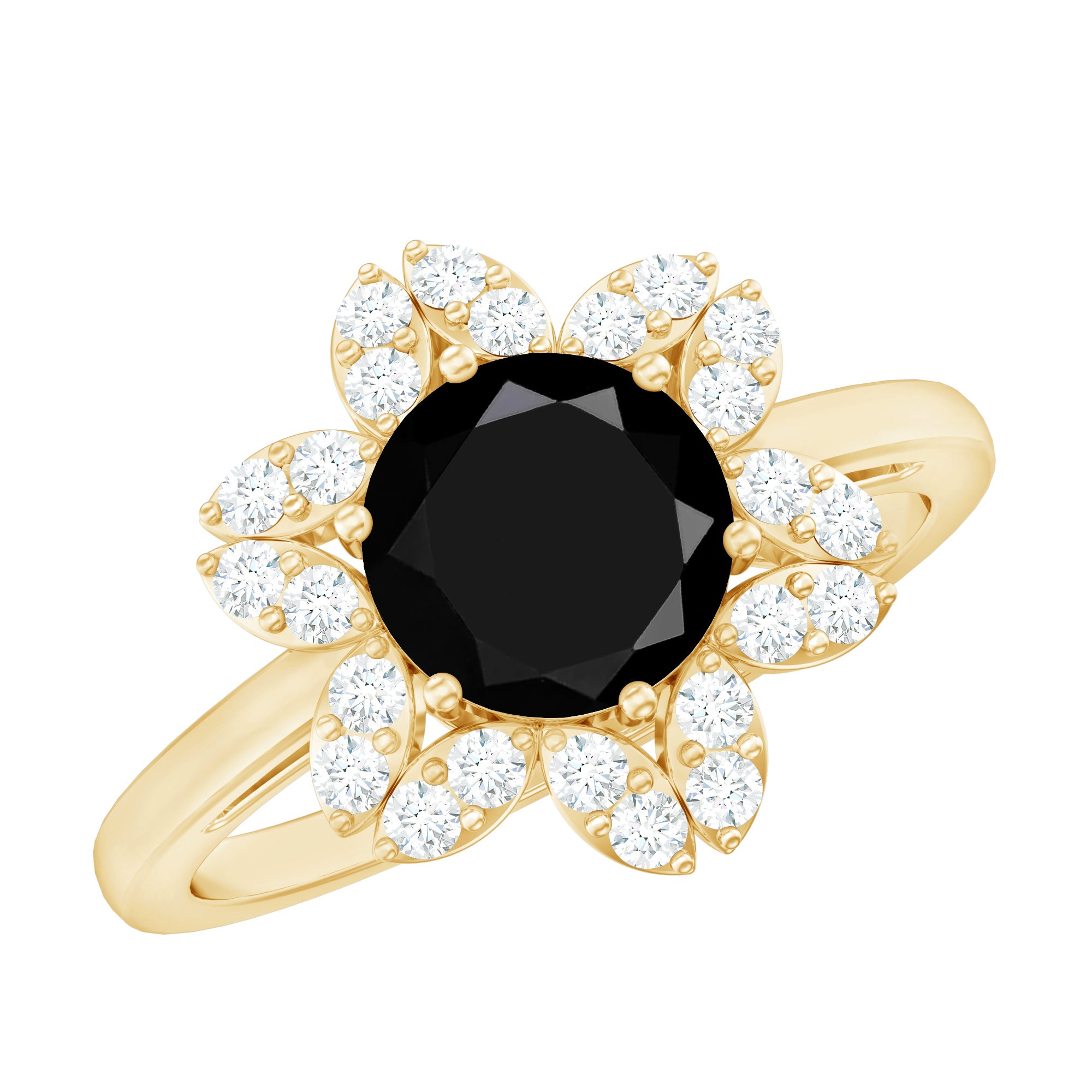 Genuine Round Cut Black Onyx Flower Engagement Ring with Diamonds AAA - Rosec Jewels