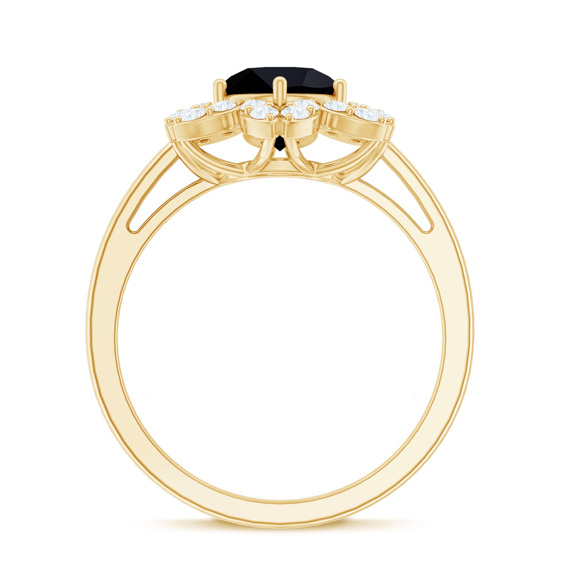 Genuine Round Cut Black Onyx Flower Engagement Ring with Diamonds AAA - Rosec Jewels