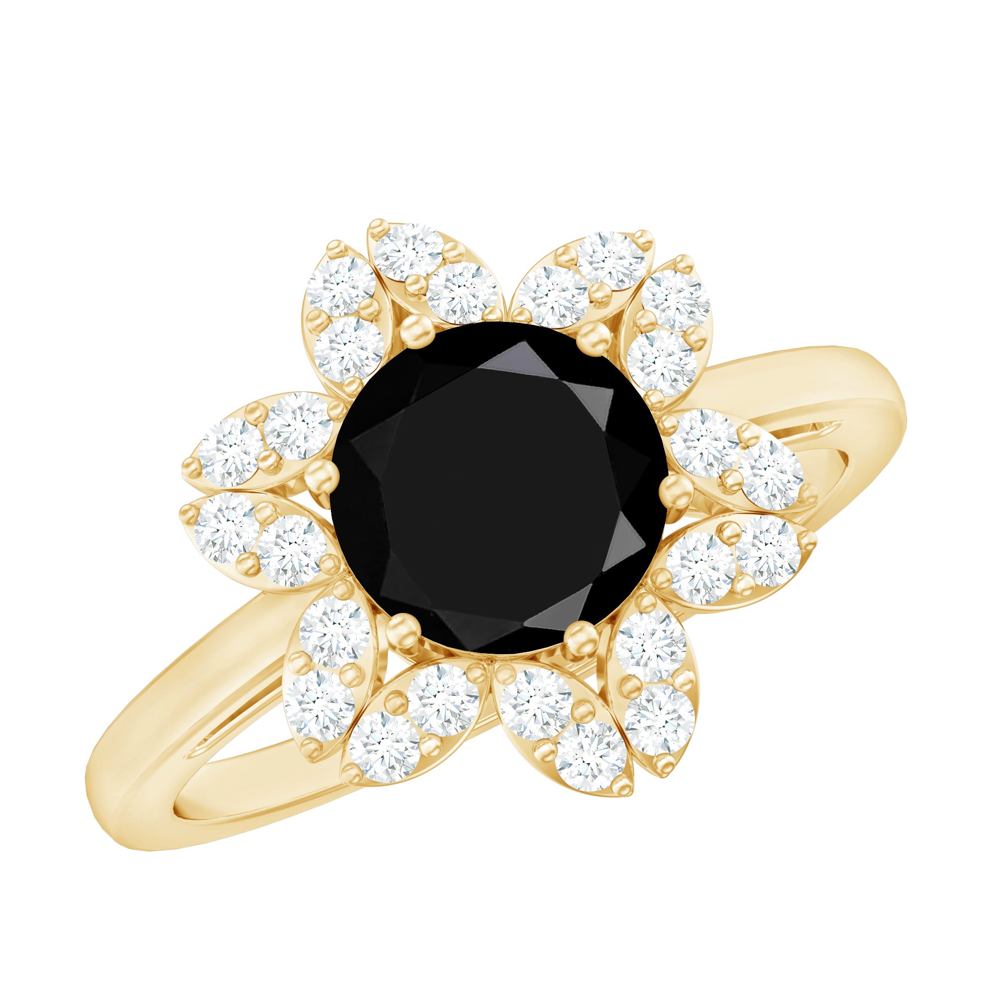 Natural 2.5 Carat Black Spinel Flower Engagement Ring with Diamond AAA - Rosec Jewels