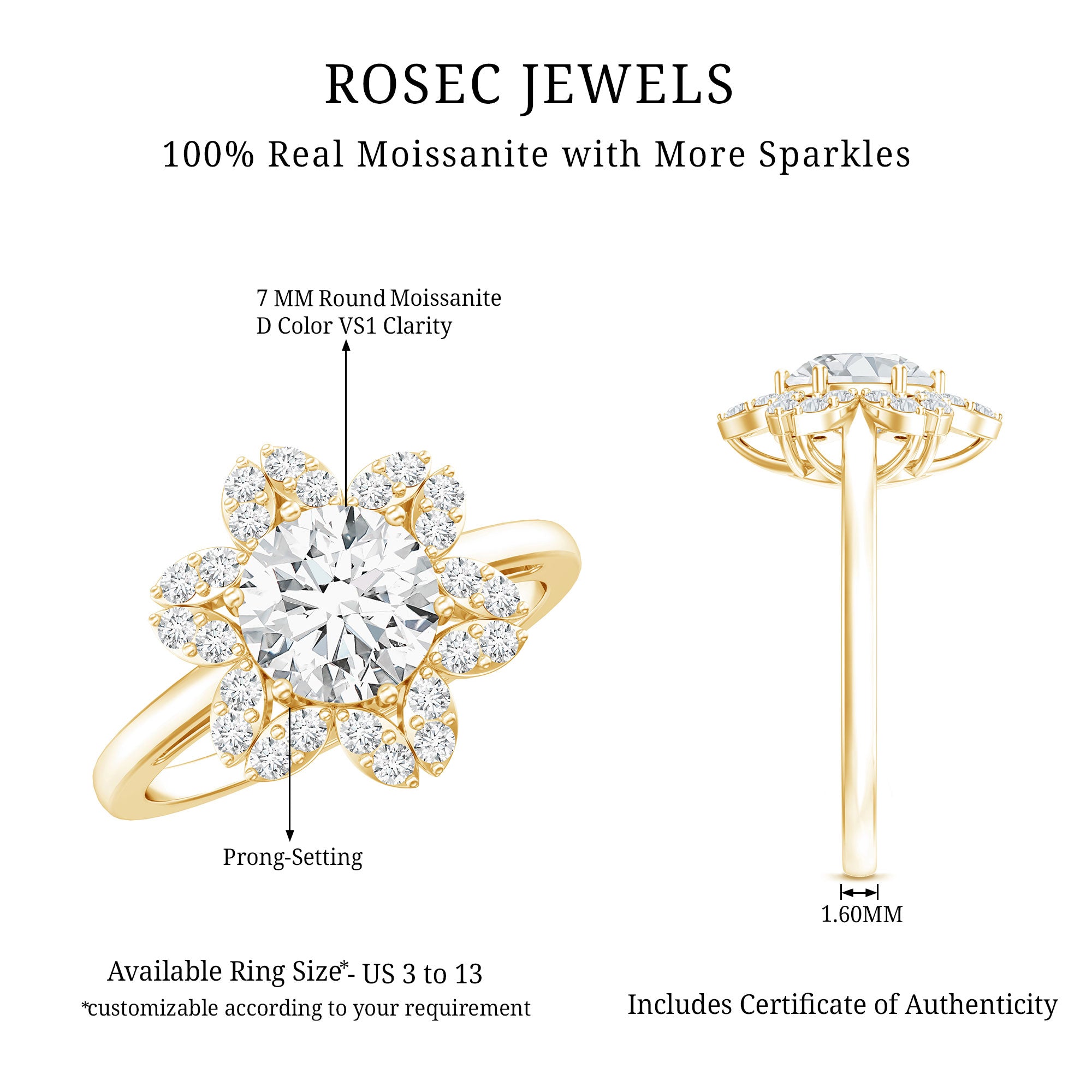 Certified Moissanite Flower Halo Engagement Ring for Women D-VS1 - Rosec Jewels