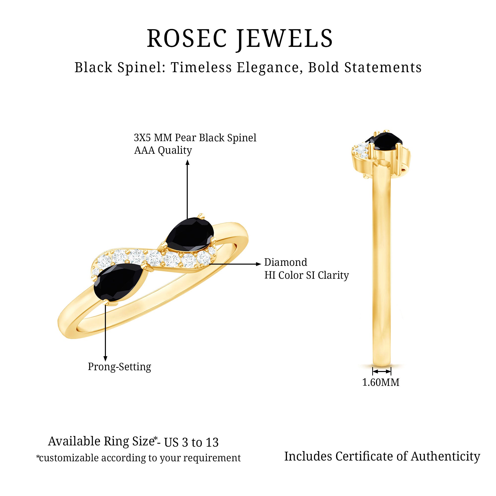Rosec Jewels-Natural Black Spinel Diamond 2 Stone Promise Ring in East West Style