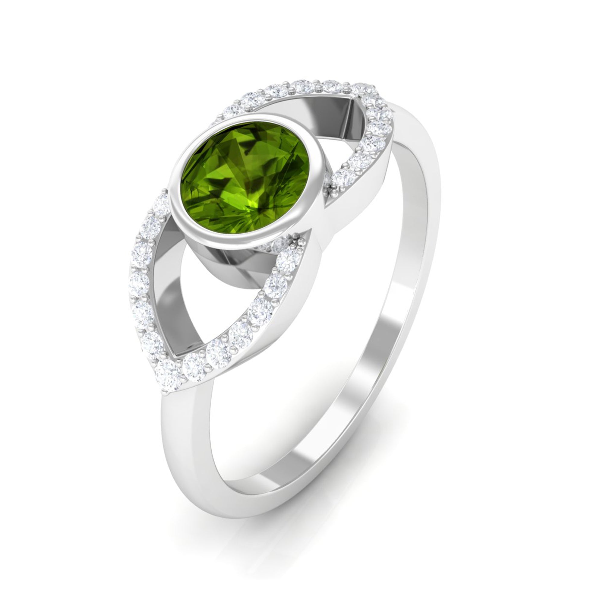 0.75 CT Split Shank Peridot Solitaire Ring with Diamond Accent AAA - Rosec Jewels